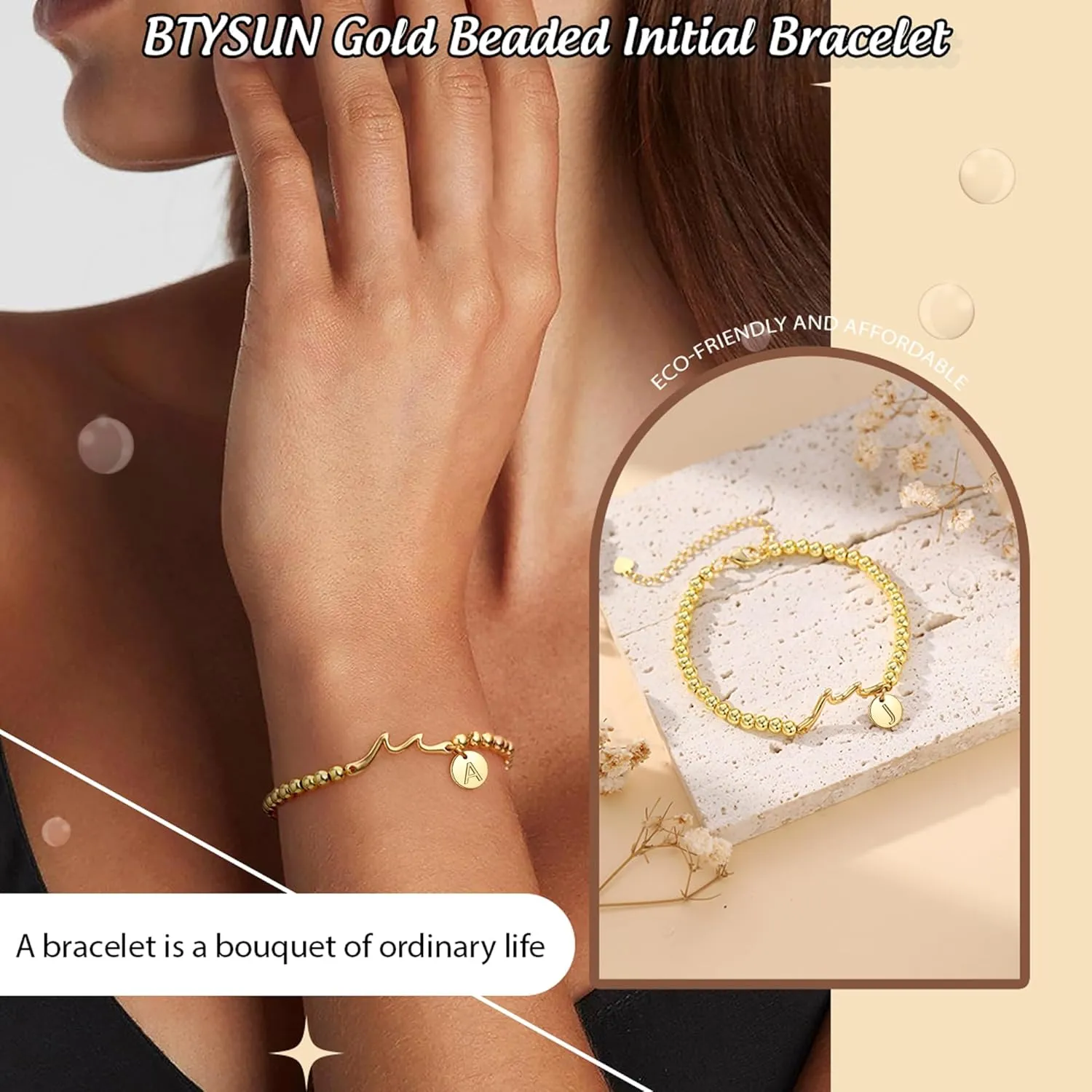 Initial Bracelet for Women, Gold Beaded Bracelets with Initial Womens Gifts for Christmas Trendy Stuff Stocking Stuffers for Teens Gemstone Initial Bracelet Christmas Gifts for Her Adjustable Link Letter A-Z Anniversary Jewelry