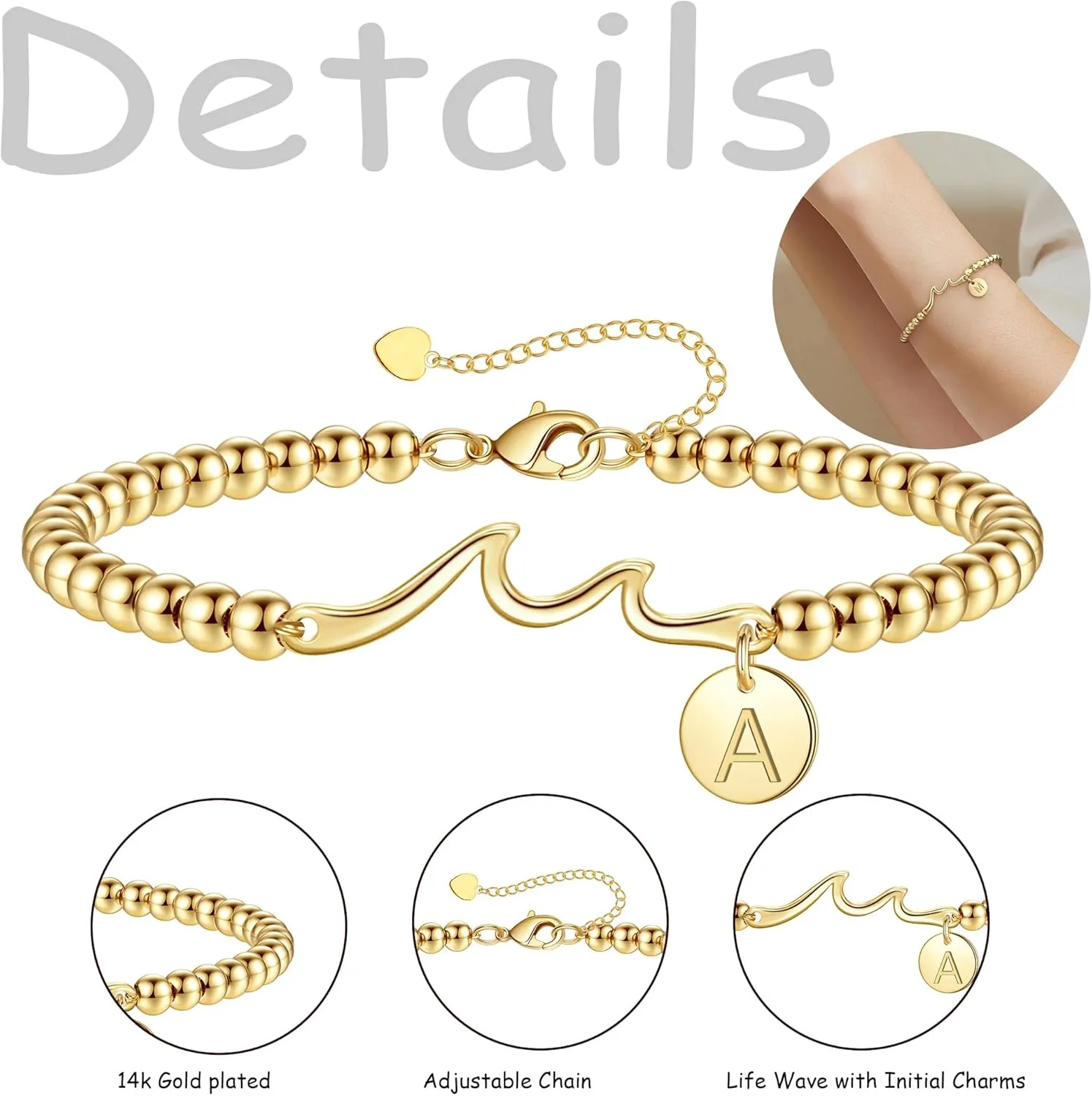 Initial Bracelet for Women, Gold Beaded Bracelets with Initial Womens Gifts for Christmas Trendy Stuff Stocking Stuffers for Teens Gemstone Initial Bracelet Christmas Gifts for Her Adjustable Link Letter A-Z Anniversary Jewelry