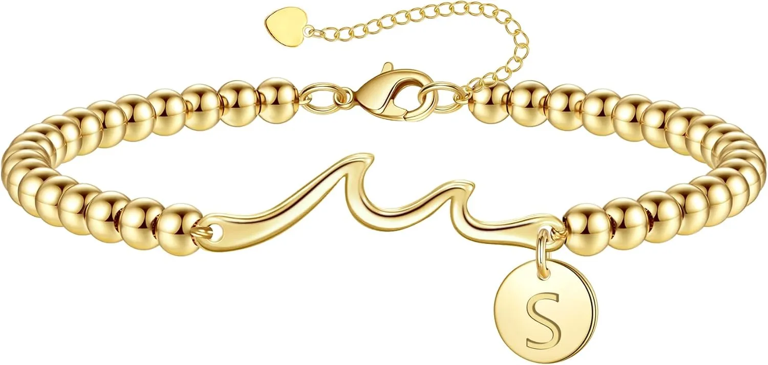 Initial Bracelet for Women, Gold Beaded Bracelets with Initial Womens Gifts for Christmas Trendy Stuff Stocking Stuffers for Teens Gemstone Initial Bracelet Christmas Gifts for Her Adjustable Link Letter A-Z Anniversary Jewelry
