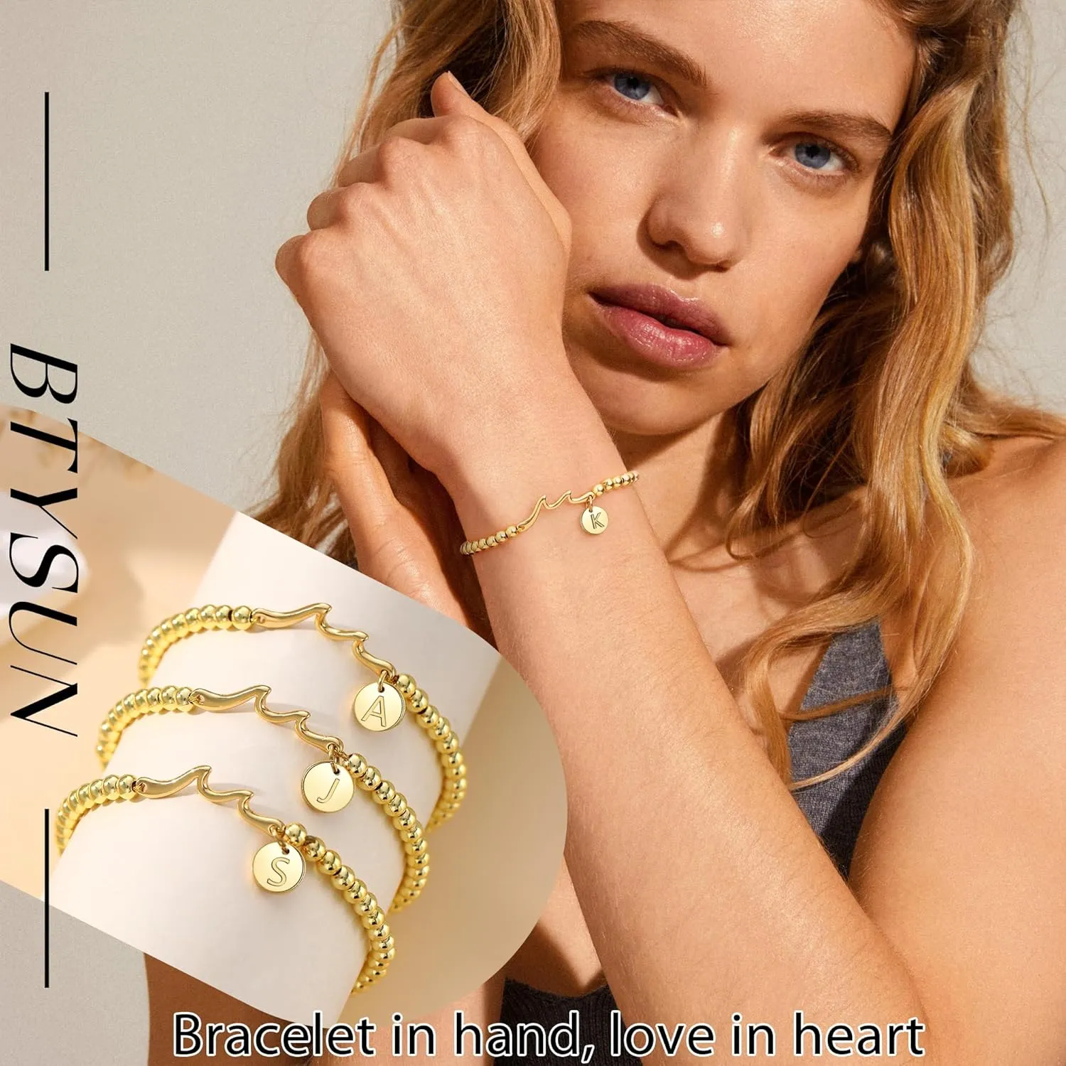 Initial Bracelet for Women, Gold Beaded Bracelets with Initial Womens Gifts for Christmas Trendy Stuff Stocking Stuffers for Teens Gemstone Initial Bracelet Christmas Gifts for Her Adjustable Link Letter A-Z Anniversary Jewelry