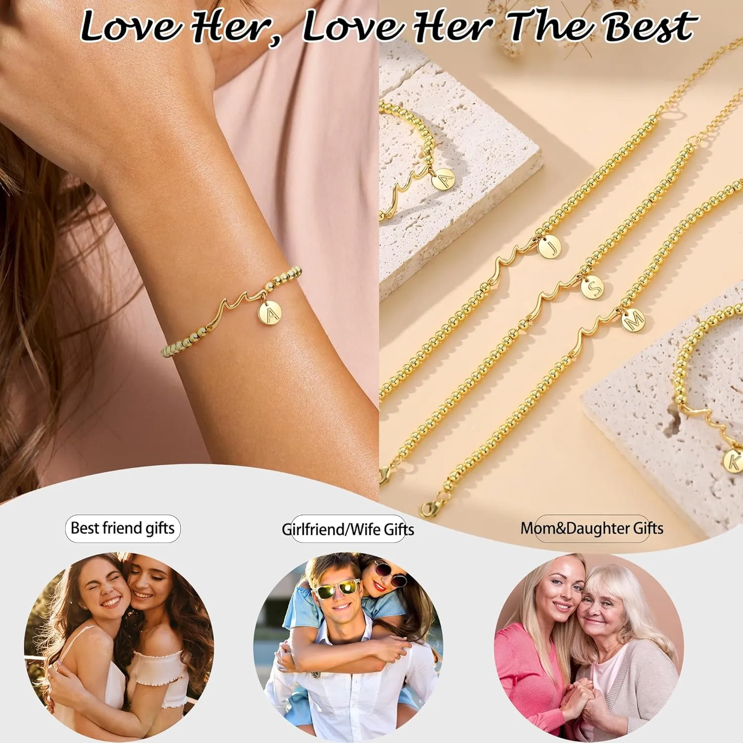 Initial Bracelet for Women, Gold Beaded Bracelets with Initial Womens Gifts for Christmas Trendy Stuff Stocking Stuffers for Teens Gemstone Initial Bracelet Christmas Gifts for Her Adjustable Link Letter A-Z Anniversary Jewelry