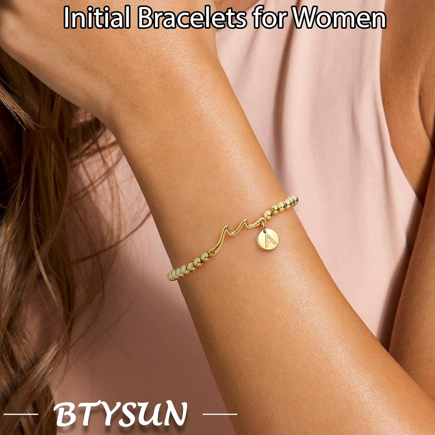 Initial Bracelet for Women, Gold Beaded Bracelets with Initial Womens Gifts for Christmas Trendy Stuff Stocking Stuffers for Teens Gemstone Initial Bracelet Christmas Gifts for Her Adjustable Link Letter A-Z Anniversary Jewelry