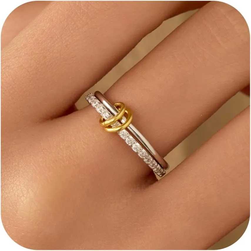 Interlocked Stackable Rings for Women 925 Sterling Silver 2 Rings Set CZ Cubic Zirconia Ring to Daughter Mother Multicolored Connected Intertwine Ring Elegant Stacking Bands Rings Graduation Gift