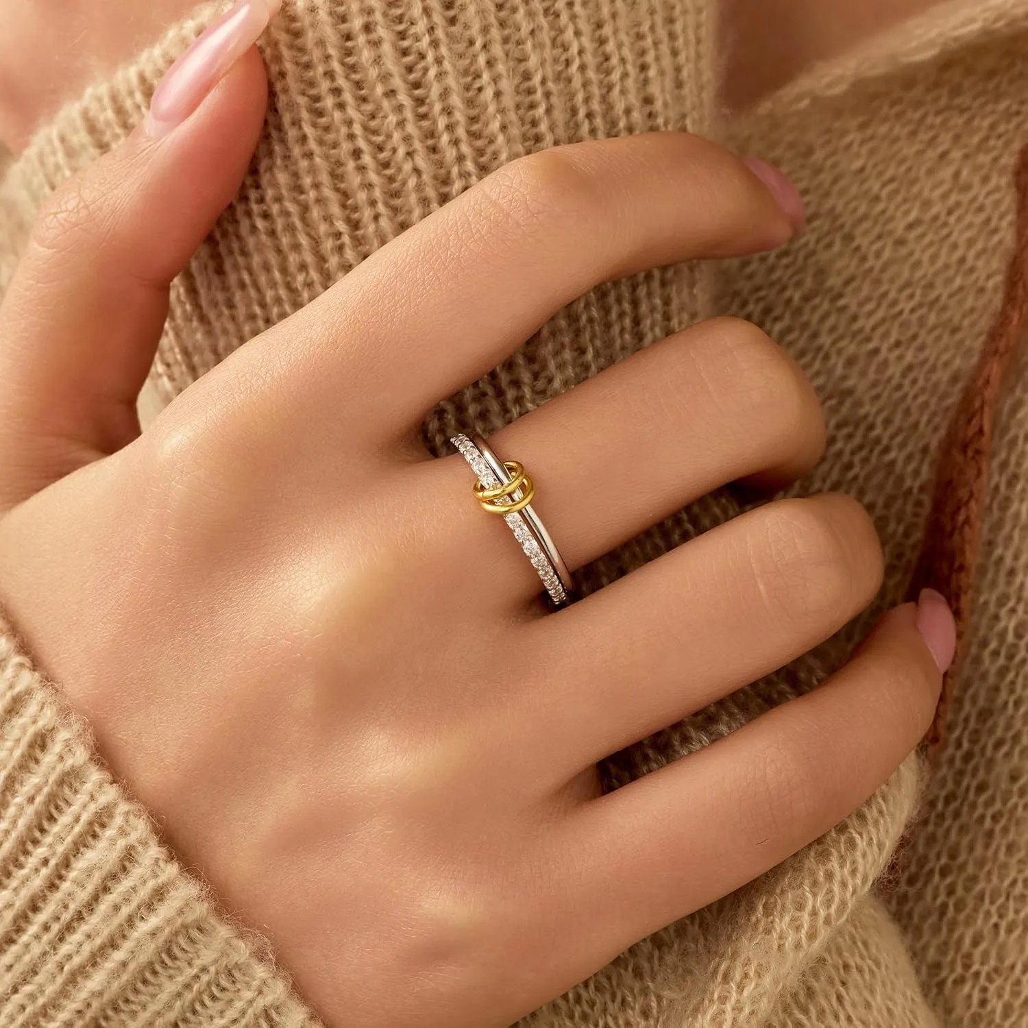 Interlocked Stackable Rings for Women 925 Sterling Silver 2 Rings Set CZ Cubic Zirconia Ring to Daughter Mother Multicolored Connected Intertwine Ring Elegant Stacking Bands Rings Graduation Gift