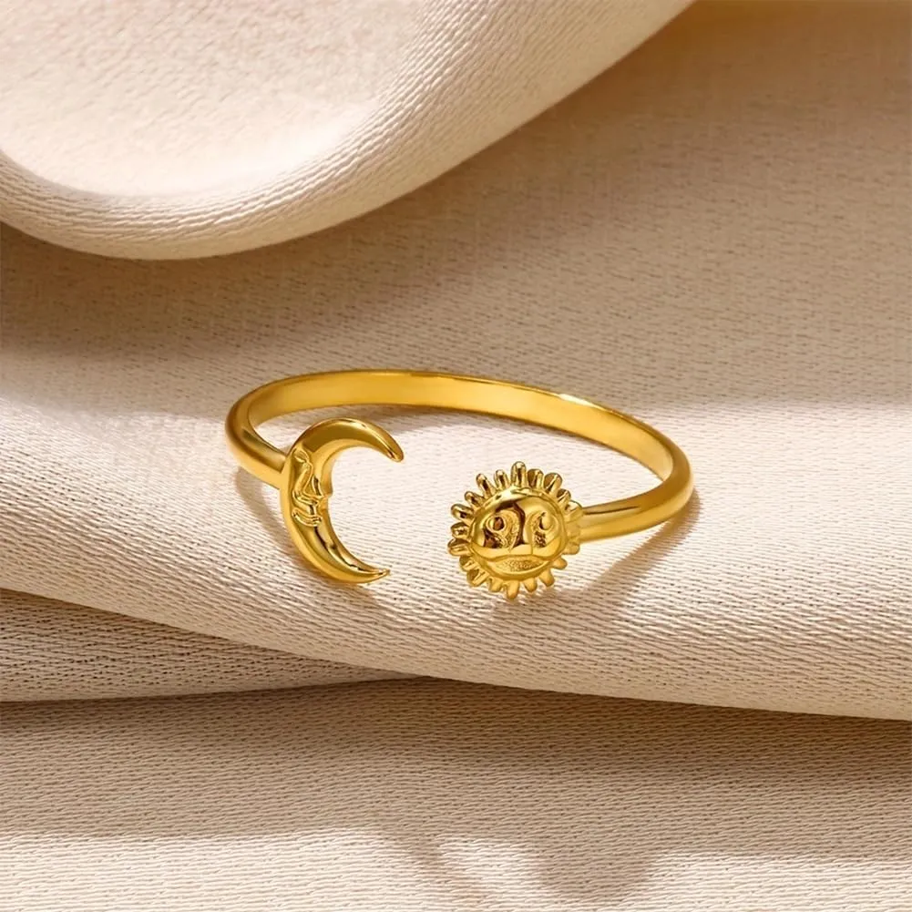 JczR.Y Sun and Moon Rings Stainless Steel Crescent Sun Rings for Women Gold Open Rings Middle Index Finger Jewelry Gift