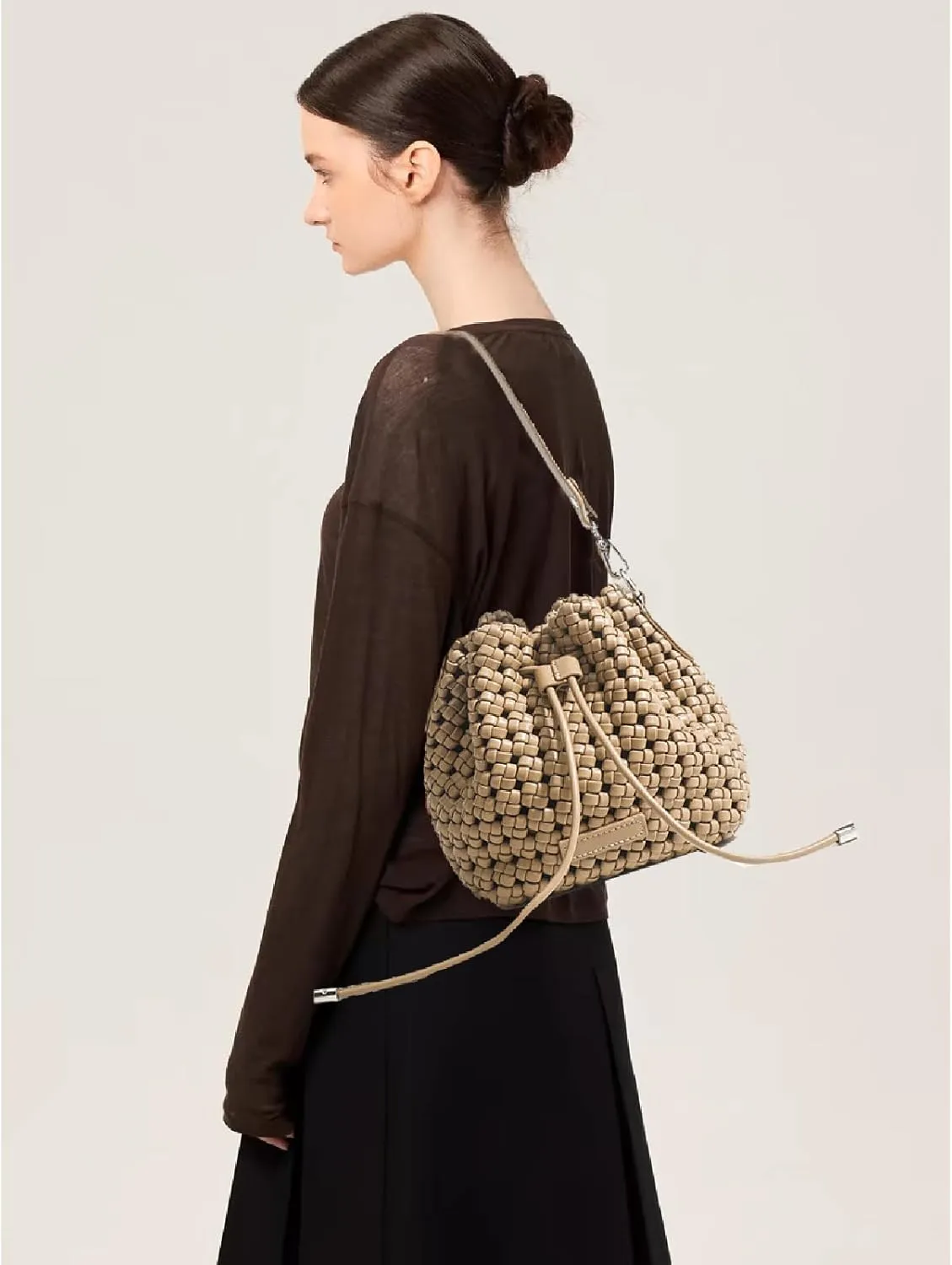 JINMANXUE Fashion Hollow Bucket Tote Bag For Women, Crossbody Female Handbag Woven Silk bag Leisure Leather Shoulder Bag