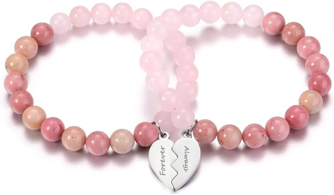 Jovivi Forever Always Matching Heart Bracelets for 2 Best Friends Sister 8mm Natural Healing Crystal Stone Yoga Beaded Bracelet Birthday Gifts for Women