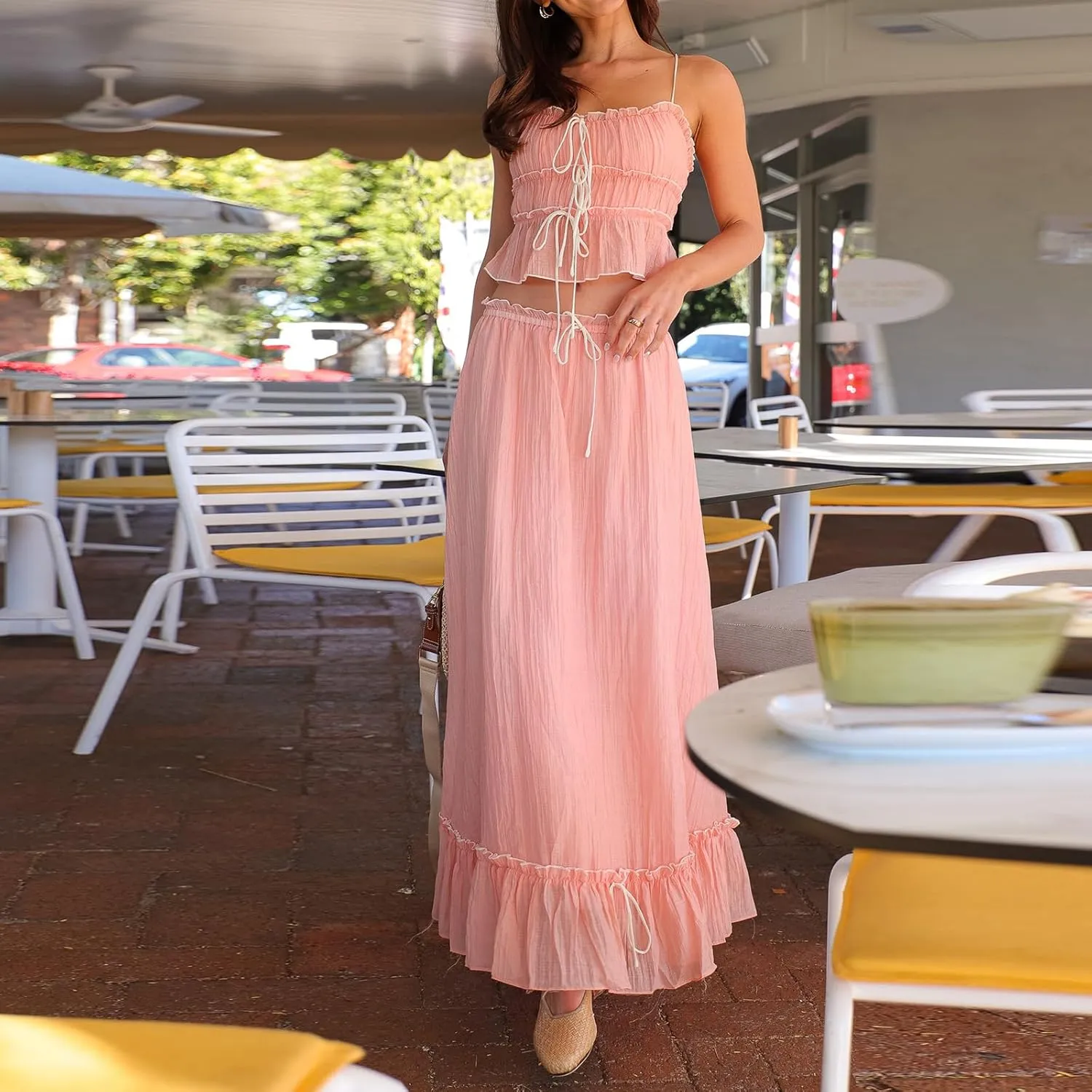 Juakoso Women Y2K 2 Piece Long Skirt Sets Low Cut Sleeveless Tops Flowy Ruffle Maxi Skirt Going Out Outfits Beachwear