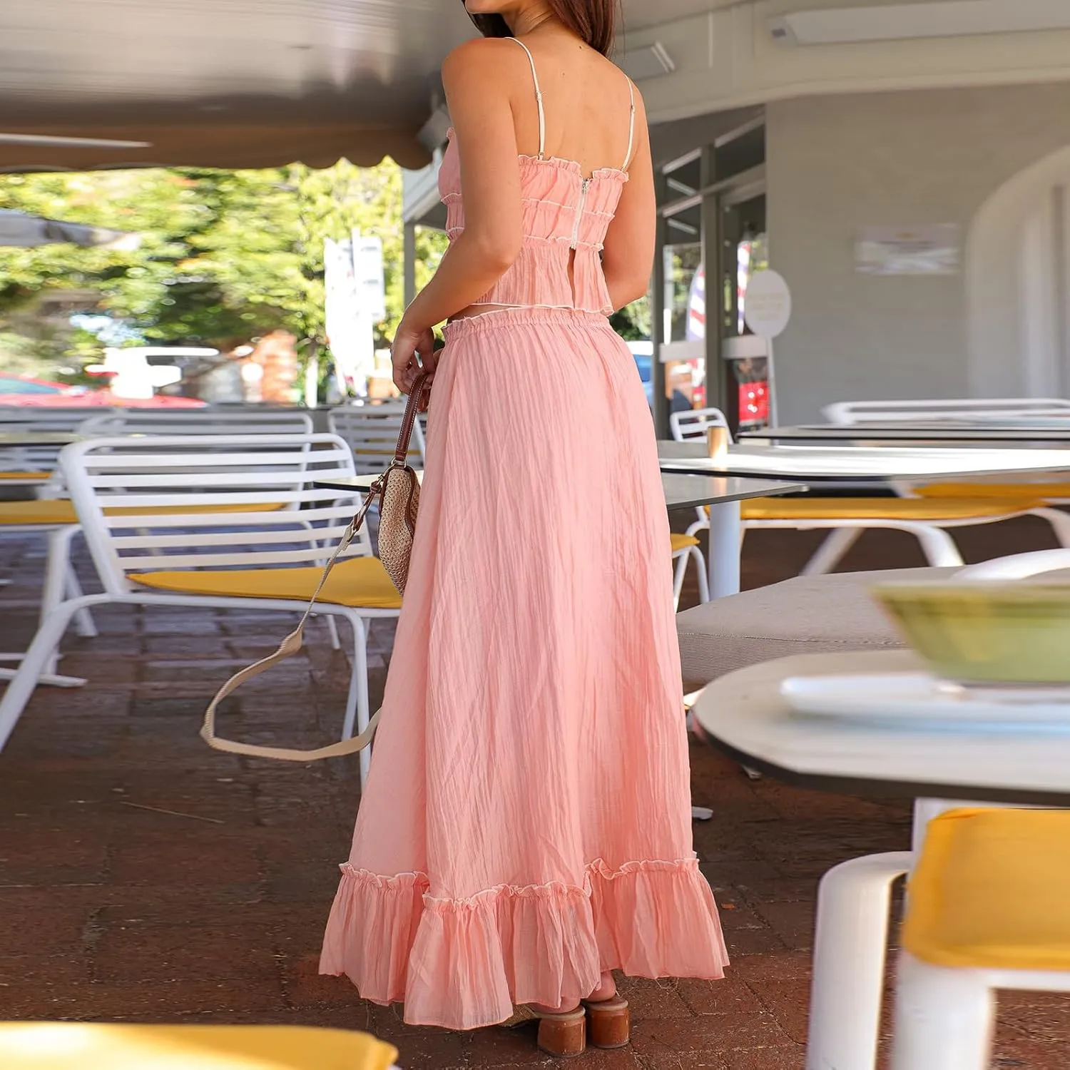 Juakoso Women Y2K 2 Piece Long Skirt Sets Low Cut Sleeveless Tops Flowy Ruffle Maxi Skirt Going Out Outfits Beachwear