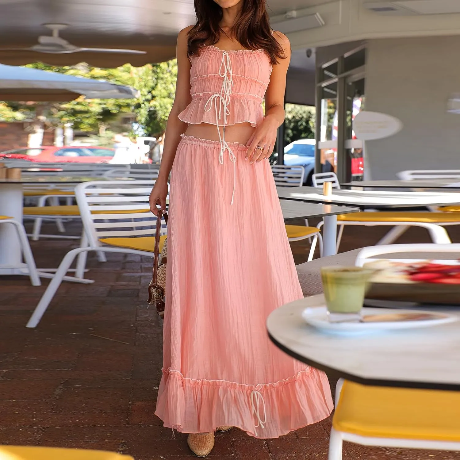 Juakoso Women Y2K 2 Piece Long Skirt Sets Low Cut Sleeveless Tops Flowy Ruffle Maxi Skirt Going Out Outfits Beachwear