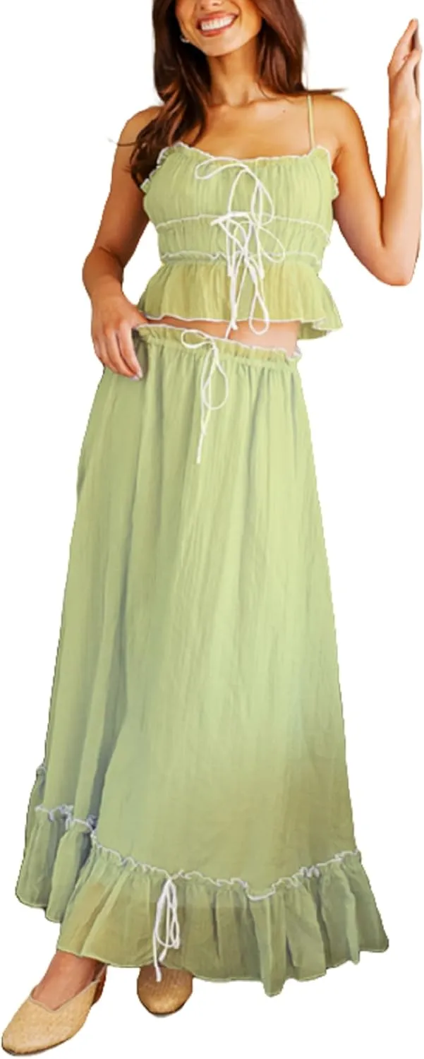Juakoso Women Y2K 2 Piece Long Skirt Sets Low Cut Sleeveless Tops Flowy Ruffle Maxi Skirt Going Out Outfits Beachwear