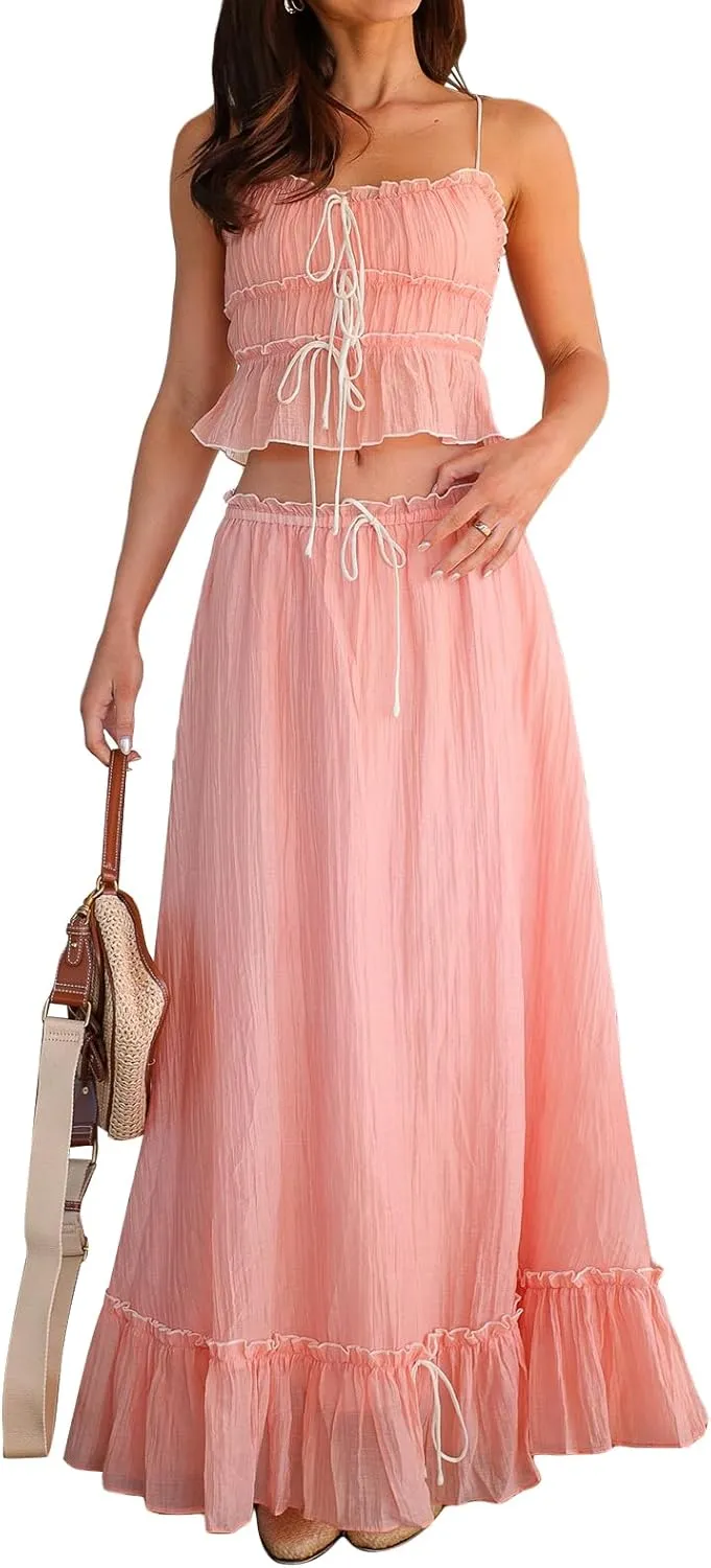 Juakoso Women Y2K 2 Piece Long Skirt Sets Low Cut Sleeveless Tops Flowy Ruffle Maxi Skirt Going Out Outfits Beachwear