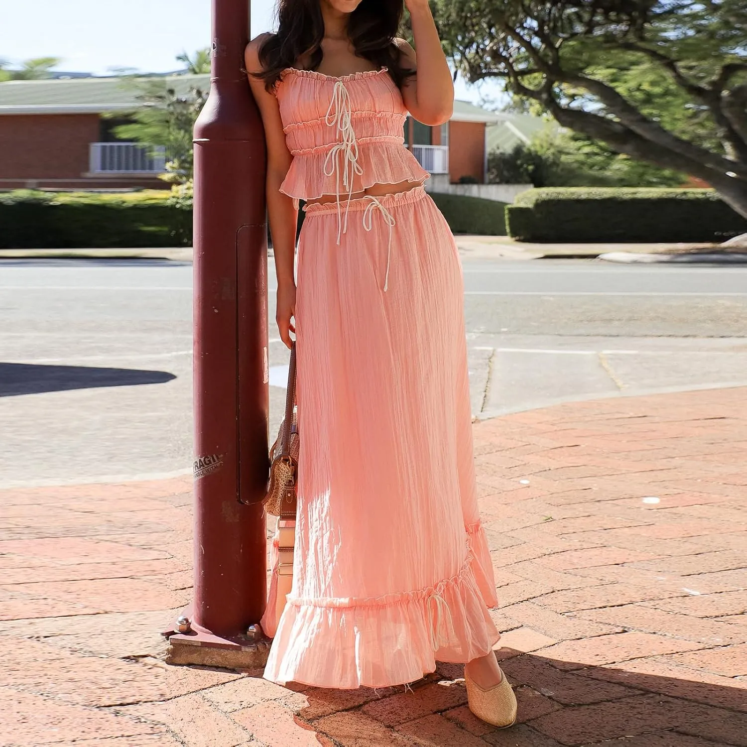 Juakoso Women Y2K 2 Piece Long Skirt Sets Low Cut Sleeveless Tops Flowy Ruffle Maxi Skirt Going Out Outfits Beachwear
