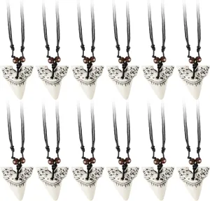 Junkin Shark Tooth Necklaces Bulk for Boys Party Favors Prehistoric Shark Teeth Necklaces Adjustable Long Pendant Leather Cord for Kids Men