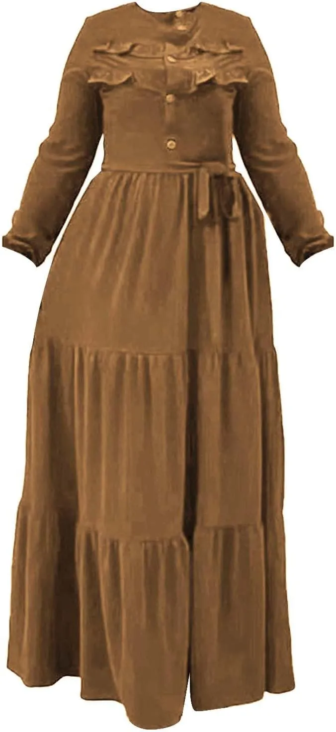 Kaftan Dresses for Women Button Up Long Maxi Robe Belted Eid Ramadan Abaya Dress Long Sleeve Ethnic Clothes