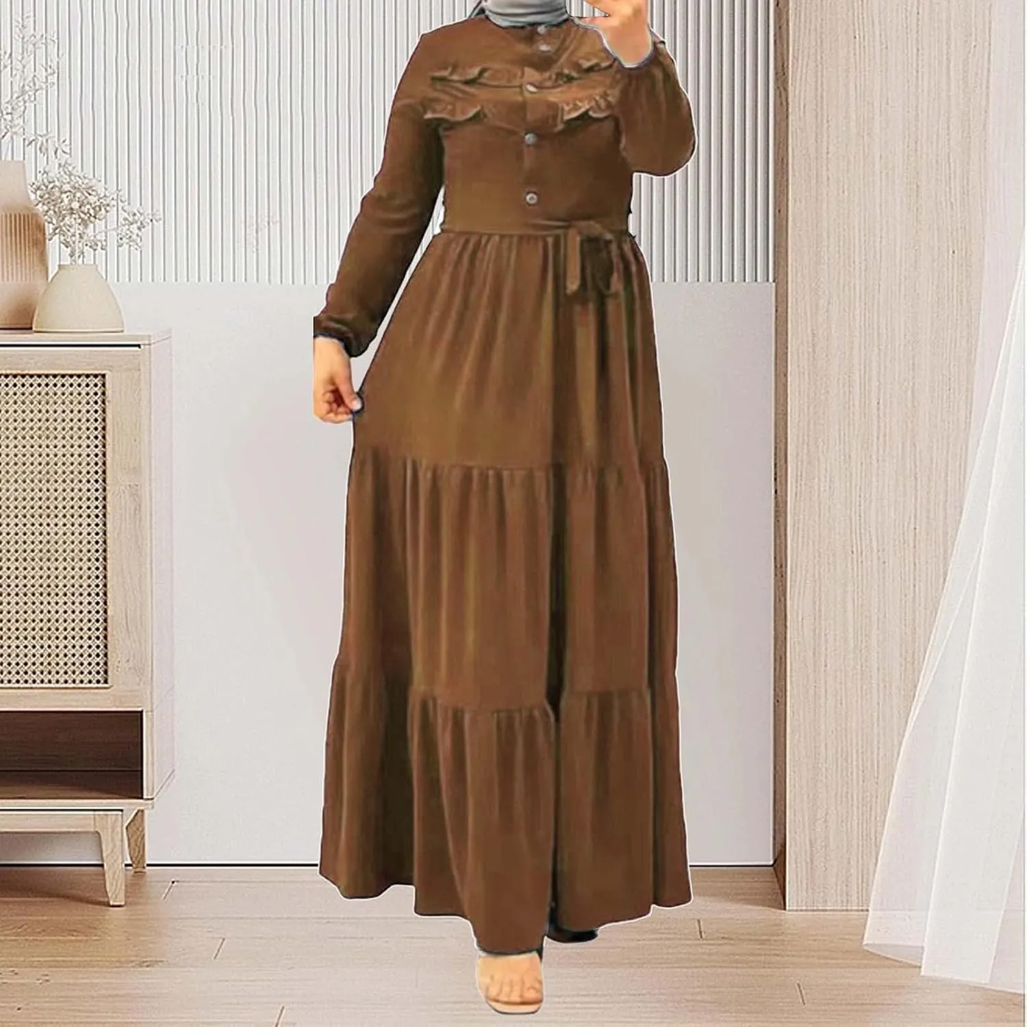 Kaftan Dresses for Women Button Up Long Maxi Robe Belted Eid Ramadan Abaya Dress Long Sleeve Ethnic Clothes