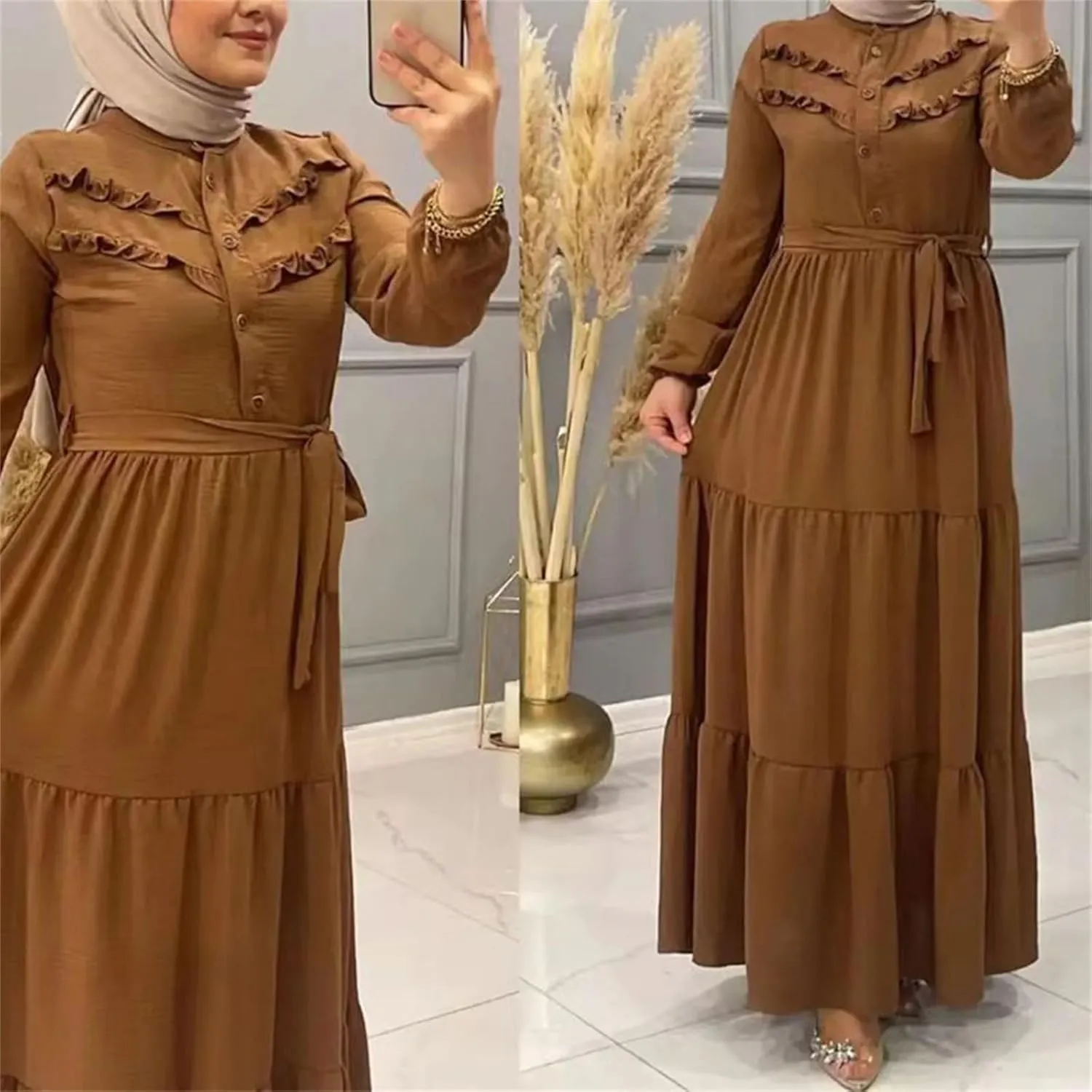 Kaftan Dresses for Women Button Up Long Maxi Robe Belted Eid Ramadan Abaya Dress Long Sleeve Ethnic Clothes
