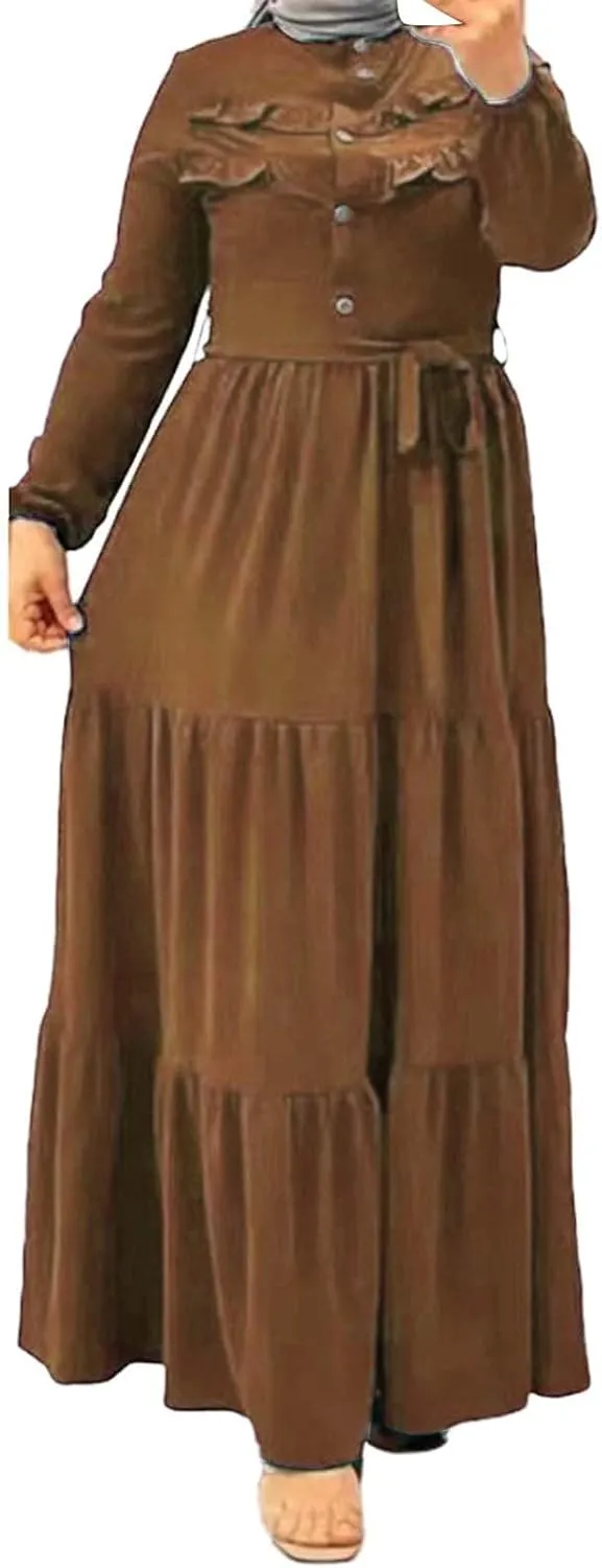 Kaftan Dresses for Women Button Up Long Maxi Robe Belted Eid Ramadan Abaya Dress Long Sleeve Ethnic Clothes