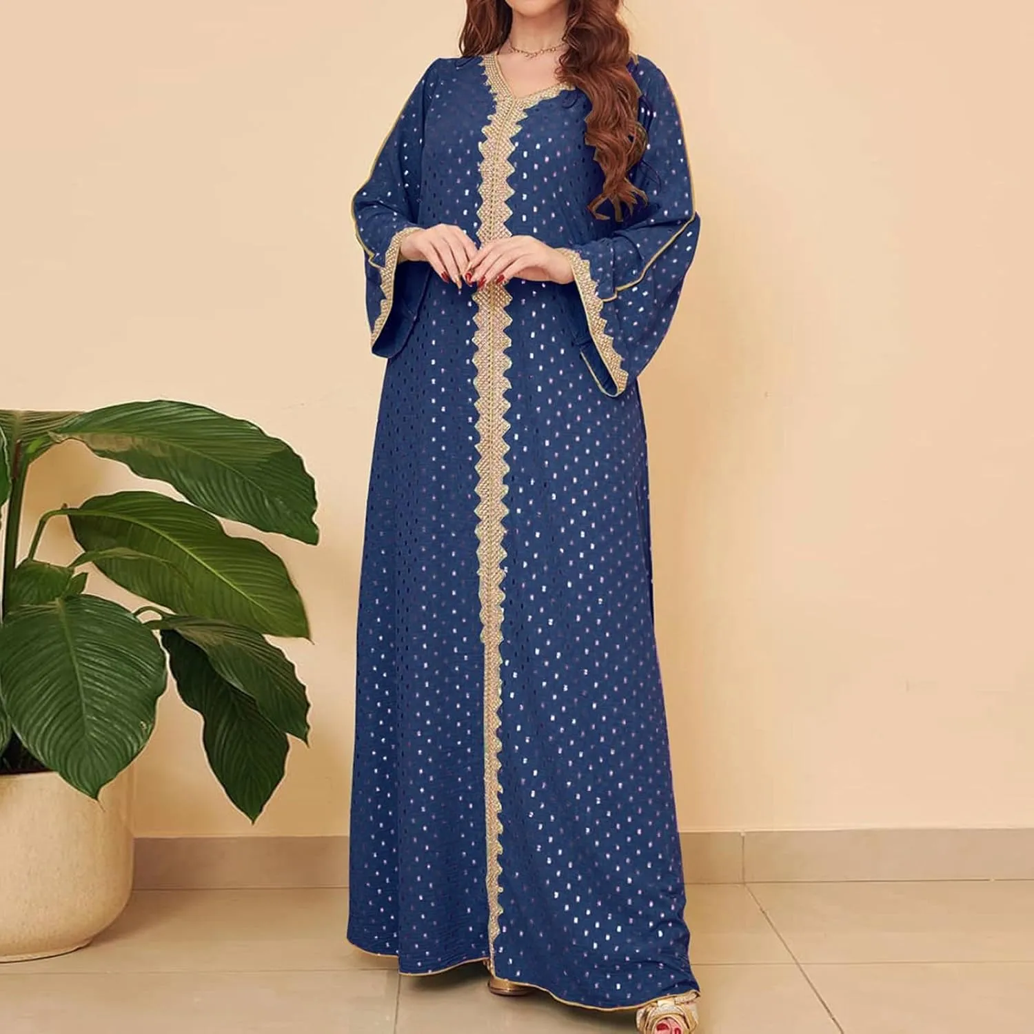 Kaftan Dresses for Women Long Sleeve V Neck Flower Embroidery Long Robes Pakistani Abaya Dress Muslim Clothes