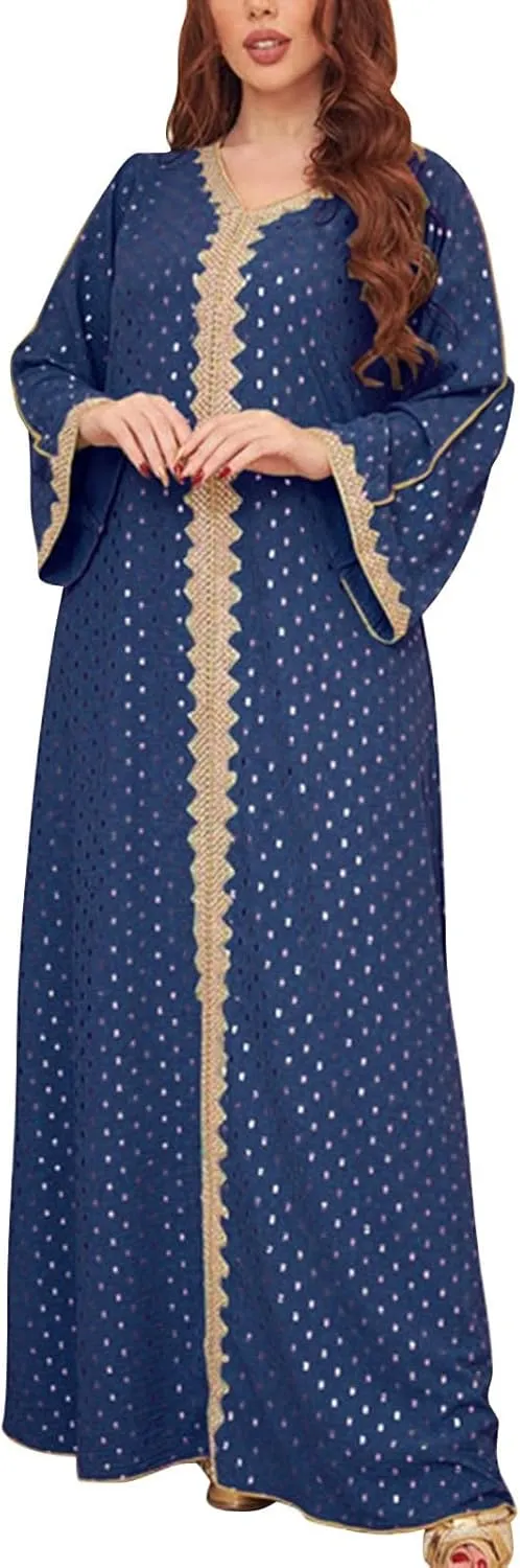 Kaftan Dresses for Women Long Sleeve V Neck Flower Embroidery Long Robes Pakistani Abaya Dress Muslim Clothes