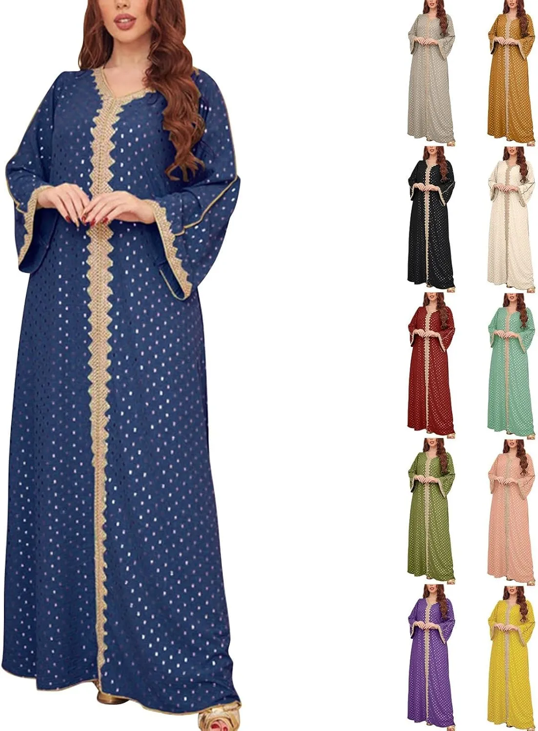Kaftan Dresses for Women Long Sleeve V Neck Flower Embroidery Long Robes Pakistani Abaya Dress Muslim Clothes