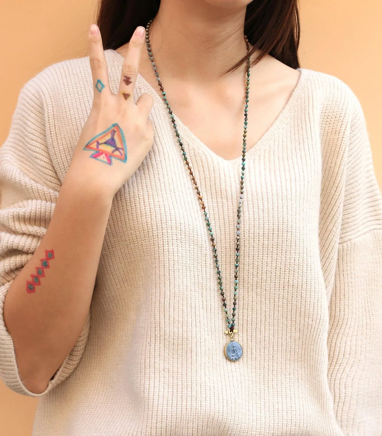 KELITCH Turquoise Necklace 925 Round Buddha Strand Necklace Handmade Sakyamuni 925 Silver Pendant Necklace