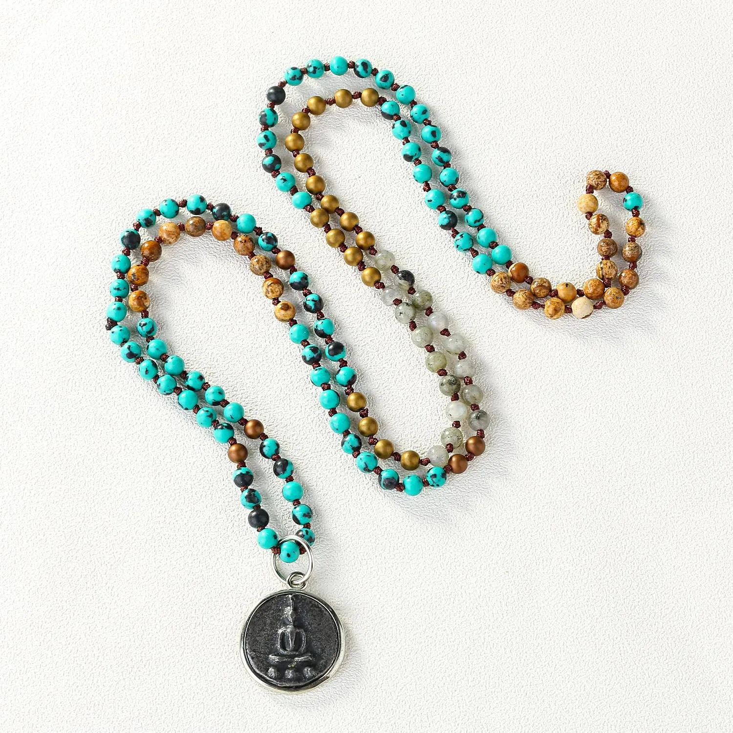 KELITCH Turquoise Necklace 925 Round Buddha Strand Necklace Handmade Sakyamuni 925 Silver Pendant Necklace