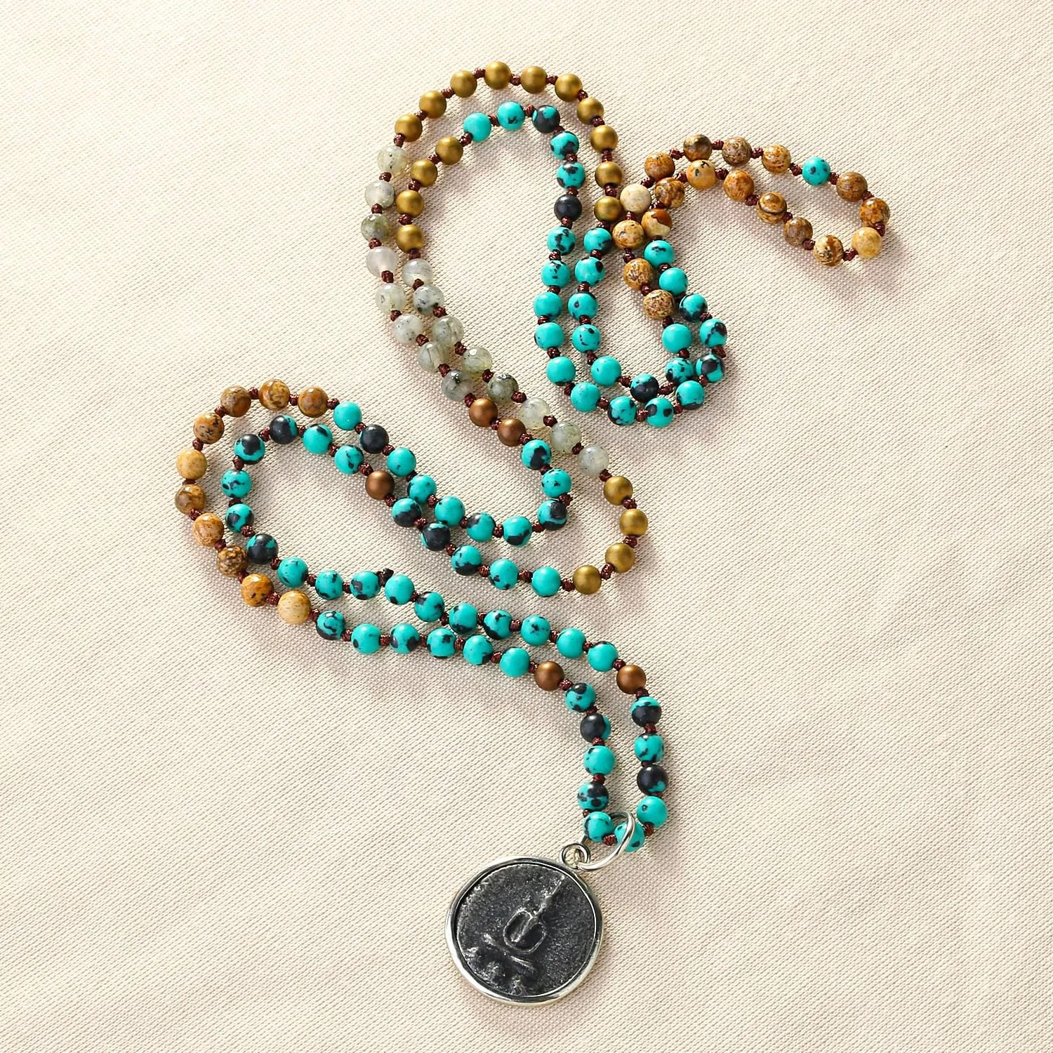 KELITCH Turquoise Necklace 925 Round Buddha Strand Necklace Handmade Sakyamuni 925 Silver Pendant Necklace