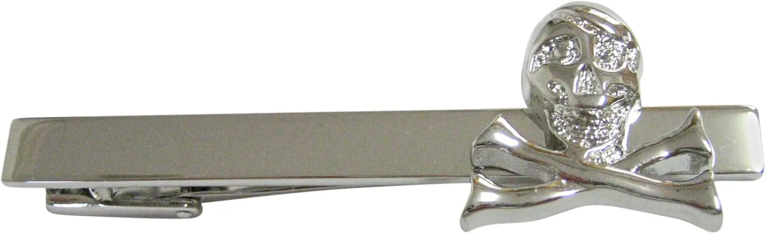 Kiola Designs Silver Toned Shiny Skull Cross Bones Square Tie Clip