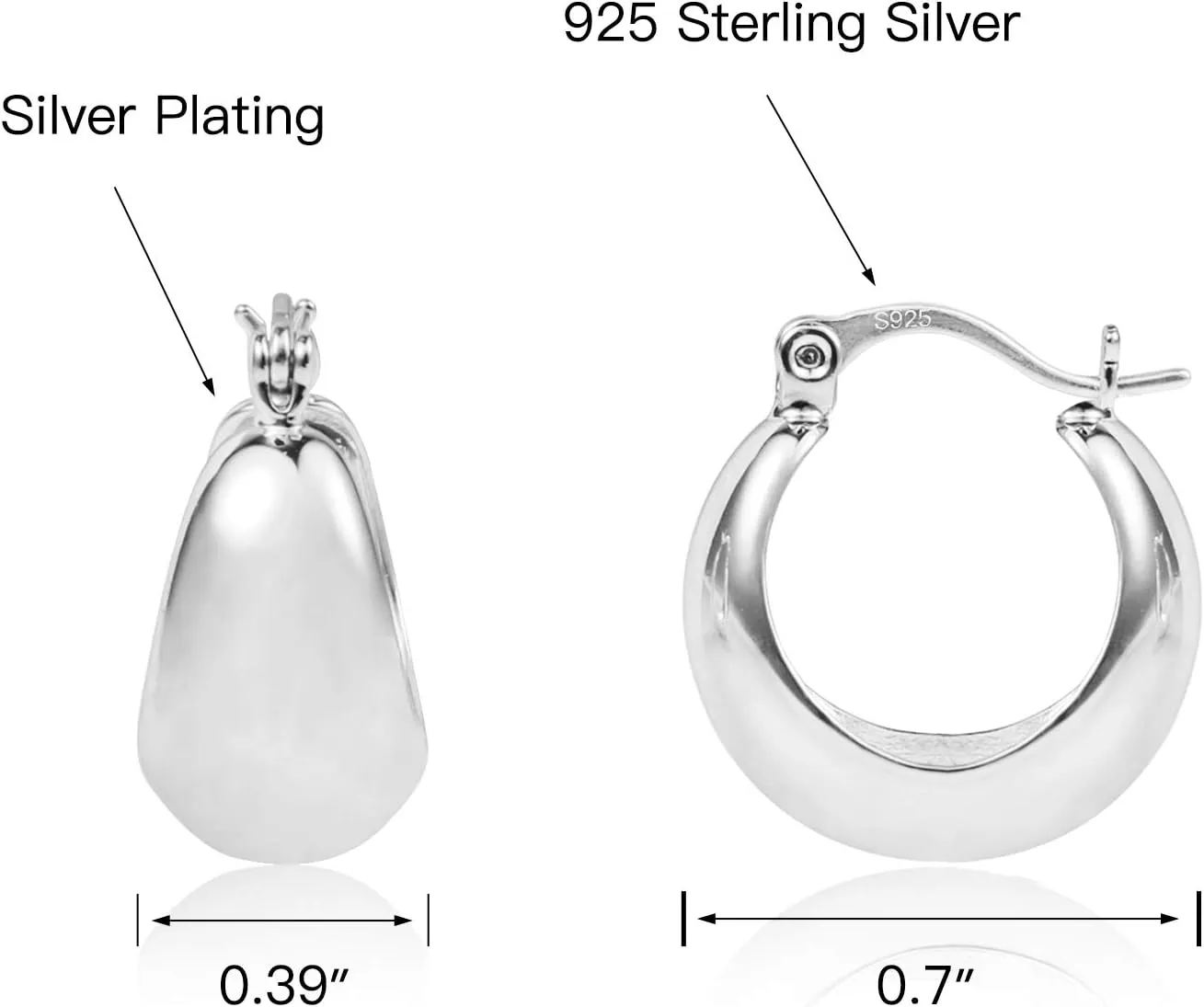 KISSPAT Sterling Silver Chunky Hoop Earrings for Women Hypoallergenic Thick Huggie Earring Wide Hoops Everyday Hoop Earrings