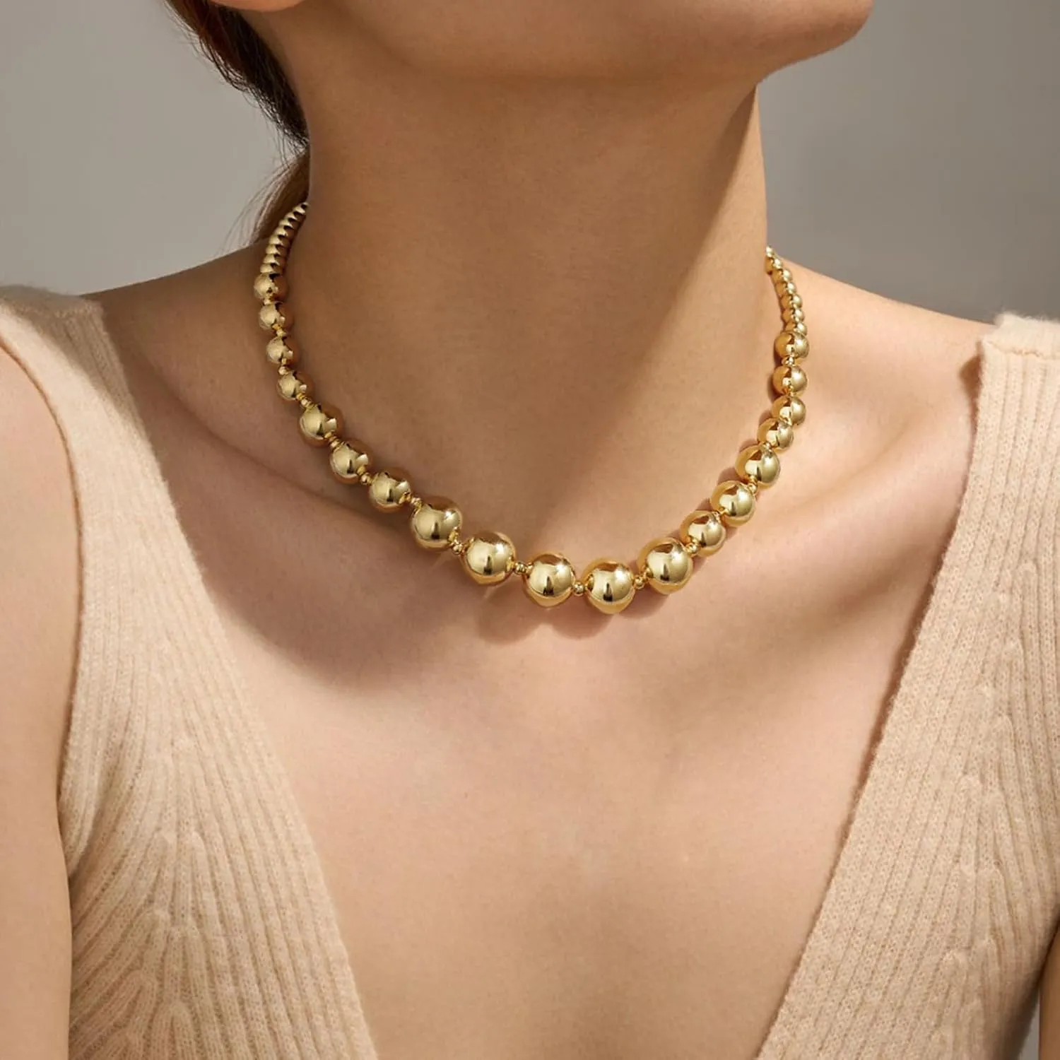 KissYan Gold Beaded Necklace for Women, 14K Gold Plated Chunky Big Ball Beads Chain Choker Necklace Statement Fashion Jewelry Gifts