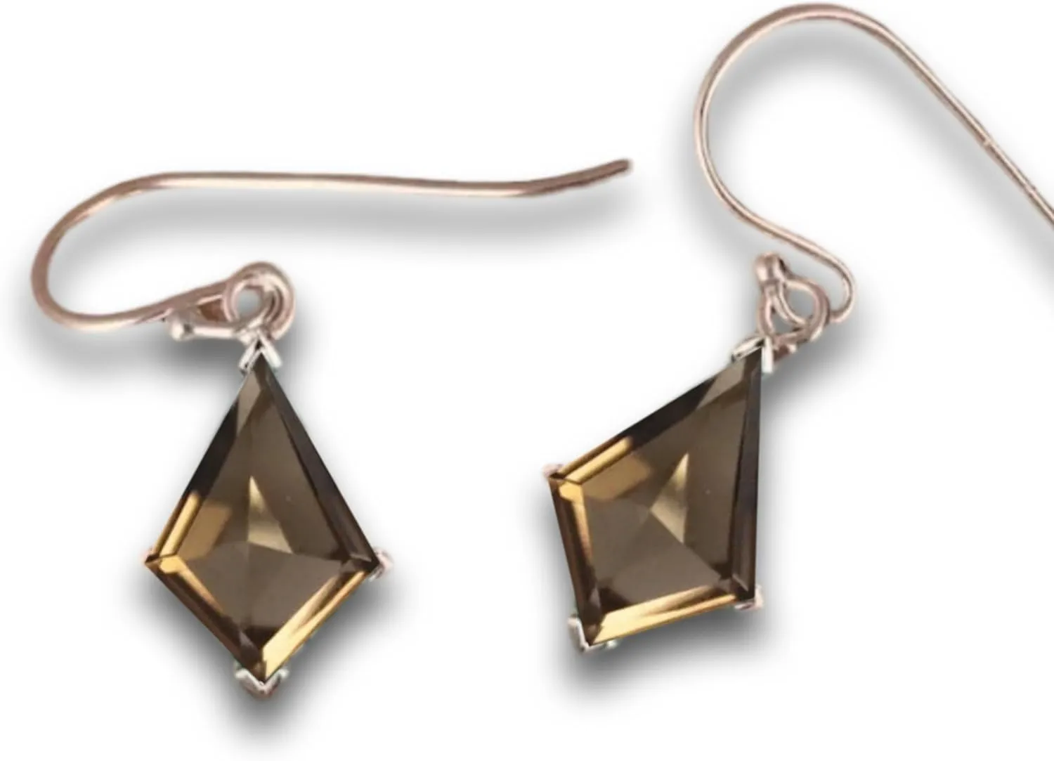 Kite Cut Smokey Quartz Drop Earrings, Rose Gold Plated Hooks, Geometric Crystal Dangle