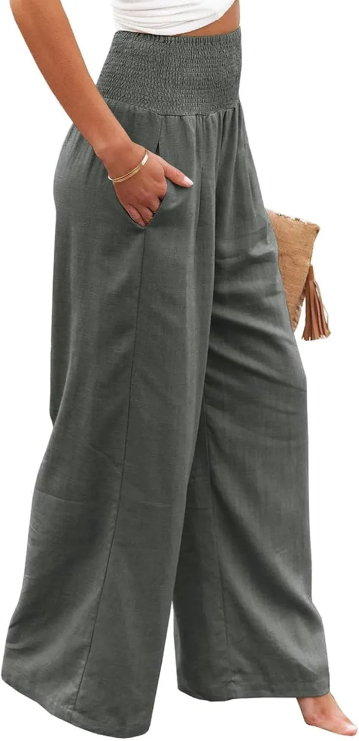 Kubbon Cotton Linen Pants for Women High Waist Smocked Palazzo Pants Casual Wide Leg Lounge Pant Beach Travel Trousers