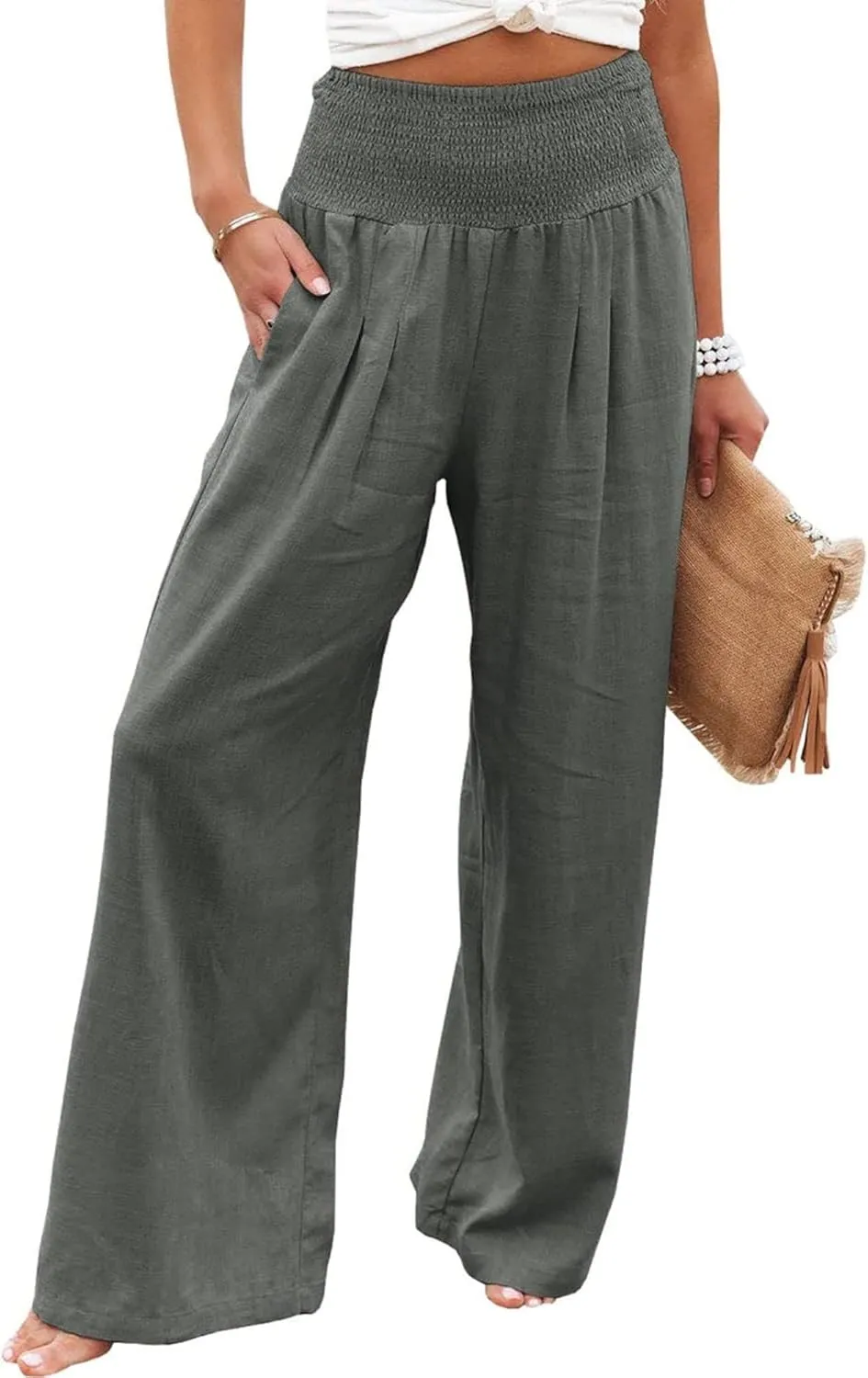 Kubbon Cotton Linen Pants for Women High Waist Smocked Palazzo Pants Casual Wide Leg Lounge Pant Beach Travel Trousers