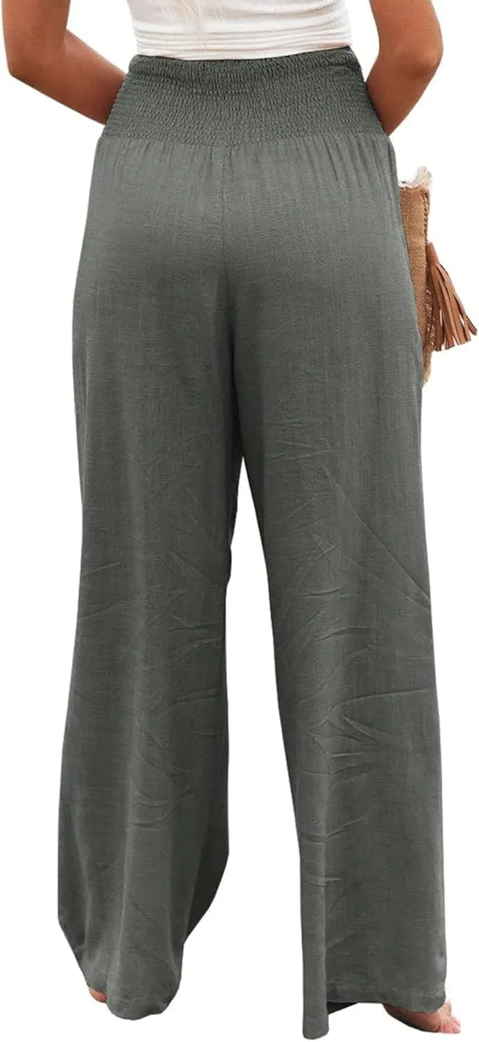 Kubbon Cotton Linen Pants for Women High Waist Smocked Palazzo Pants Casual Wide Leg Lounge Pant Beach Travel Trousers
