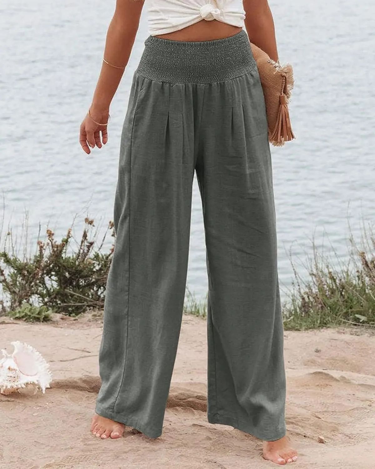 Kubbon Cotton Linen Pants for Women High Waist Smocked Palazzo Pants Casual Wide Leg Lounge Pant Beach Travel Trousers
