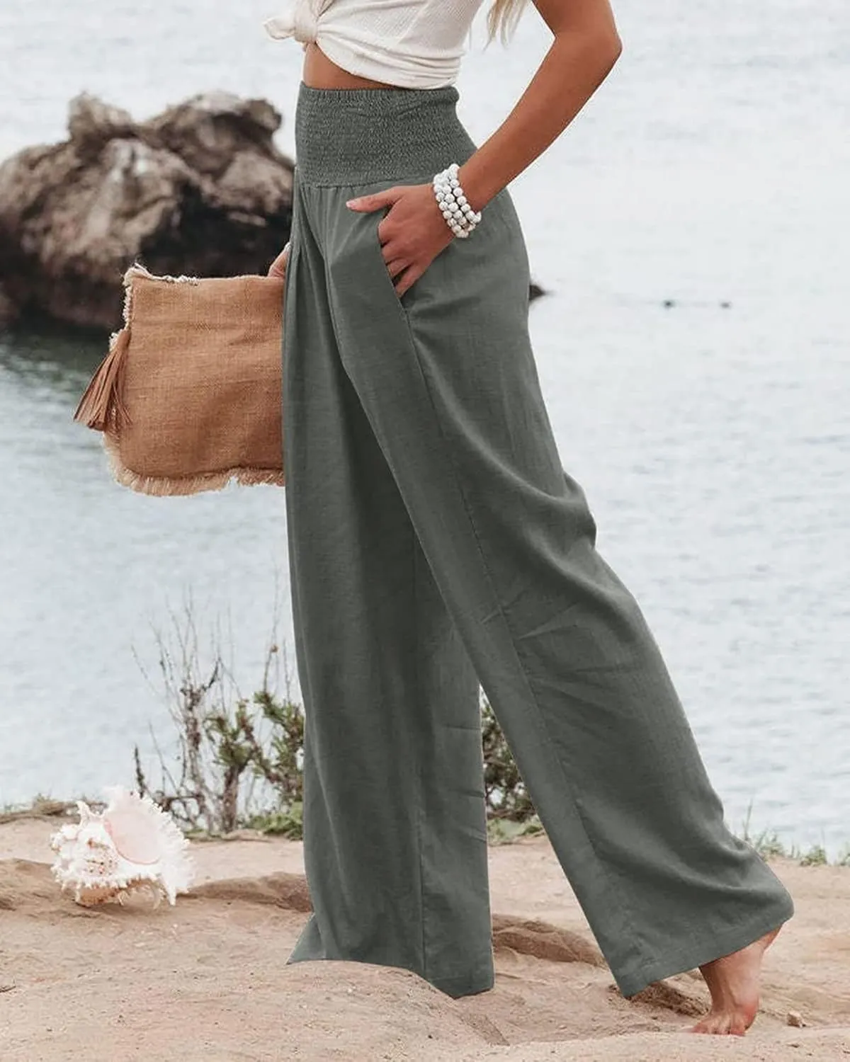Kubbon Cotton Linen Pants for Women High Waist Smocked Palazzo Pants Casual Wide Leg Lounge Pant Beach Travel Trousers
