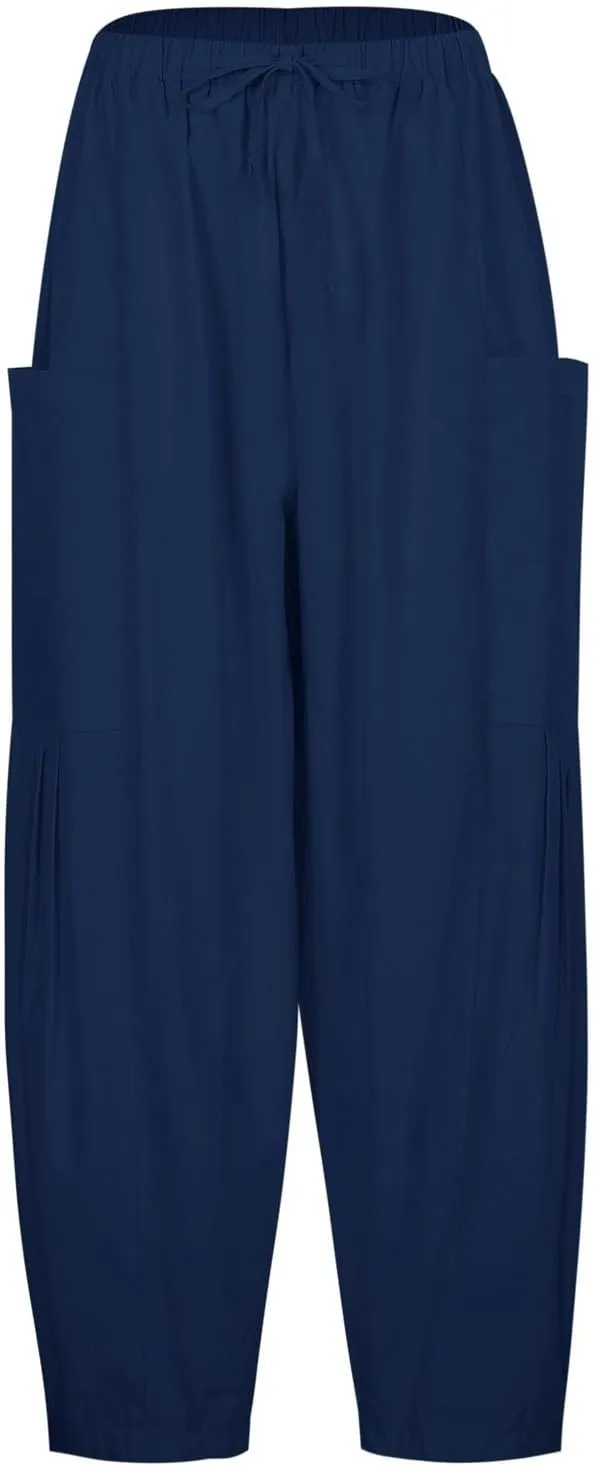Kubbon Womens Linen Wide Leg Pants Casual Loose Drawstring Palazzo Pants Casual Wide Leg Elastic Waist Trousers Beach Pants