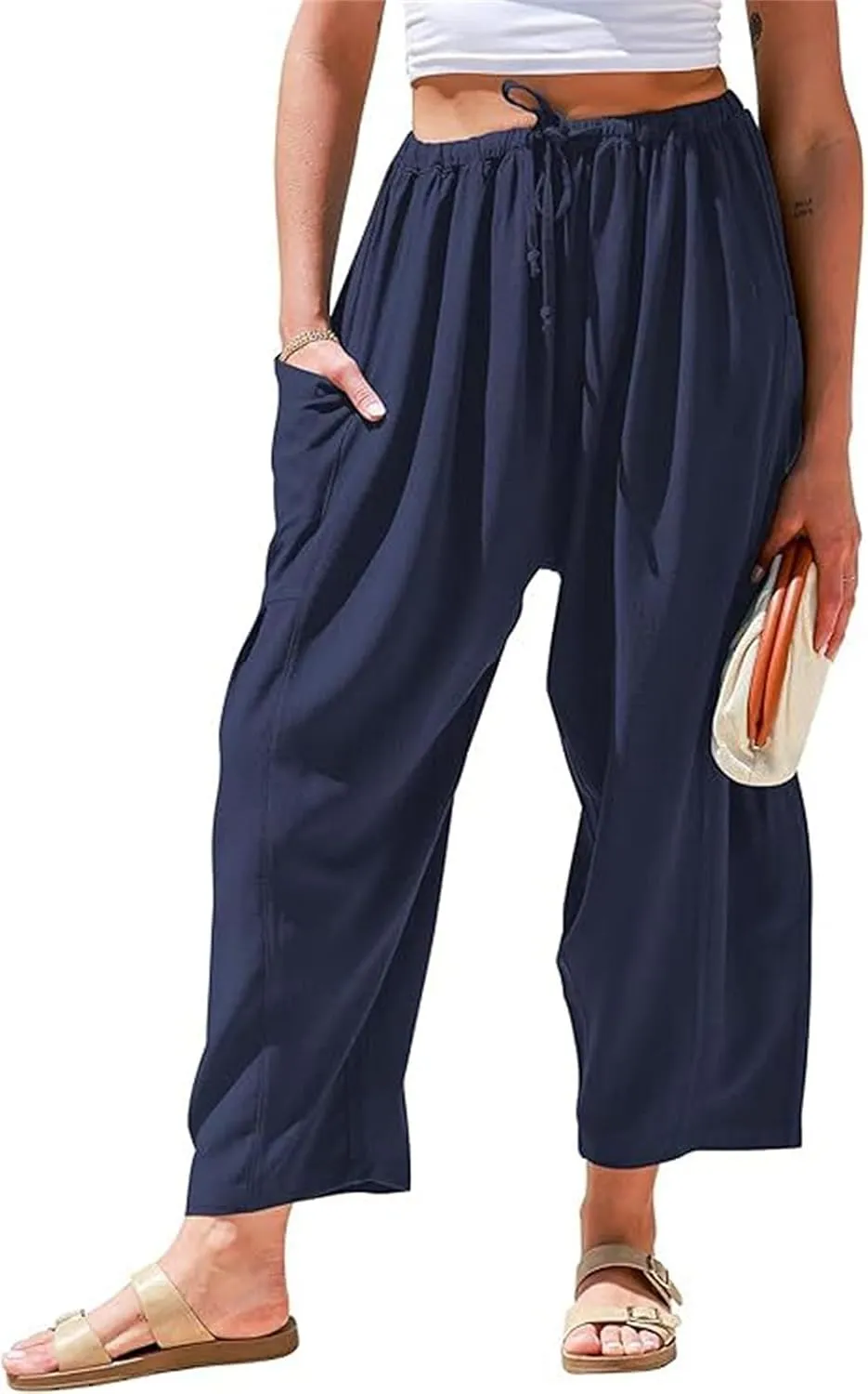 Kubbon Womens Linen Wide Leg Pants Casual Loose Drawstring Palazzo Pants Casual Wide Leg Elastic Waist Trousers Beach Pants