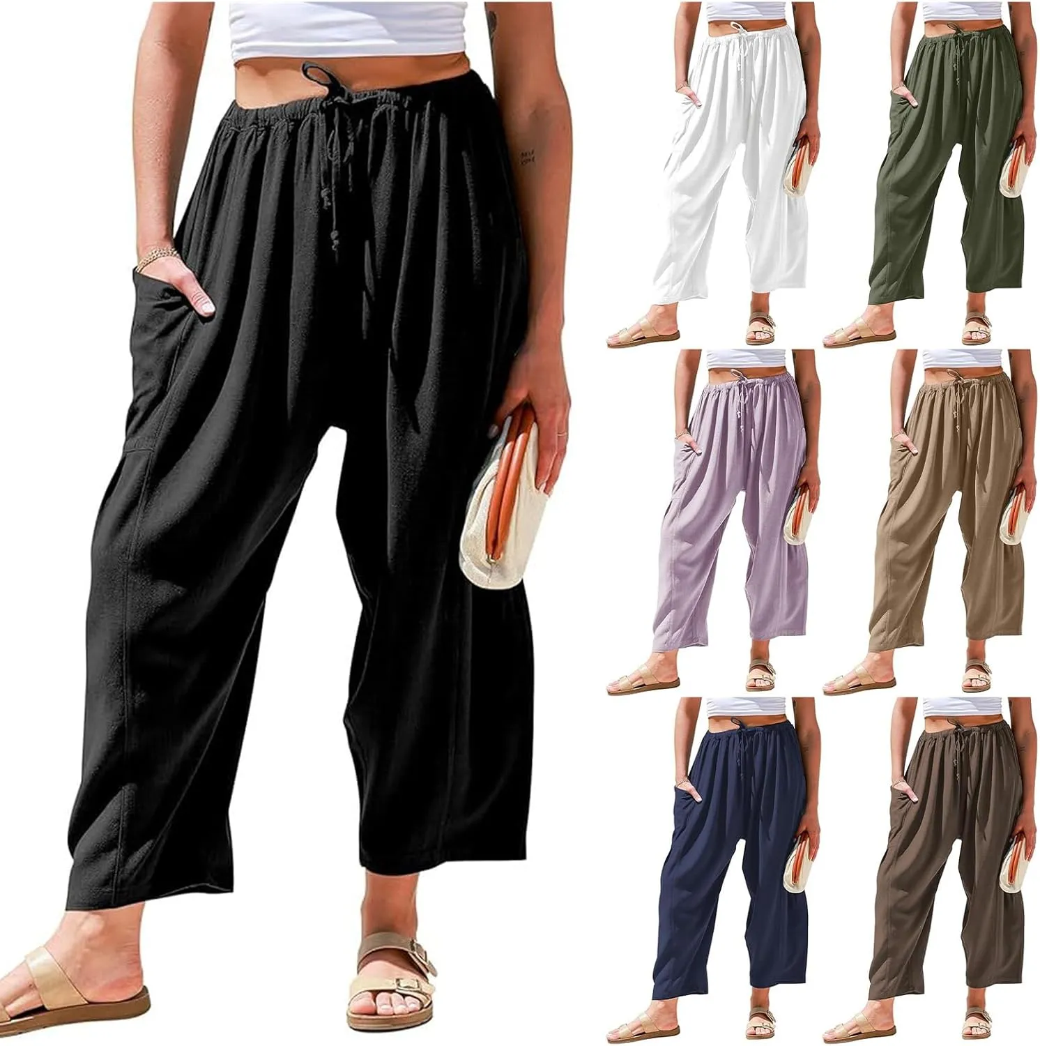Kubbon Womens Linen Wide Leg Pants Casual Loose Drawstring Palazzo Pants Casual Wide Leg Elastic Waist Trousers Beach Pants