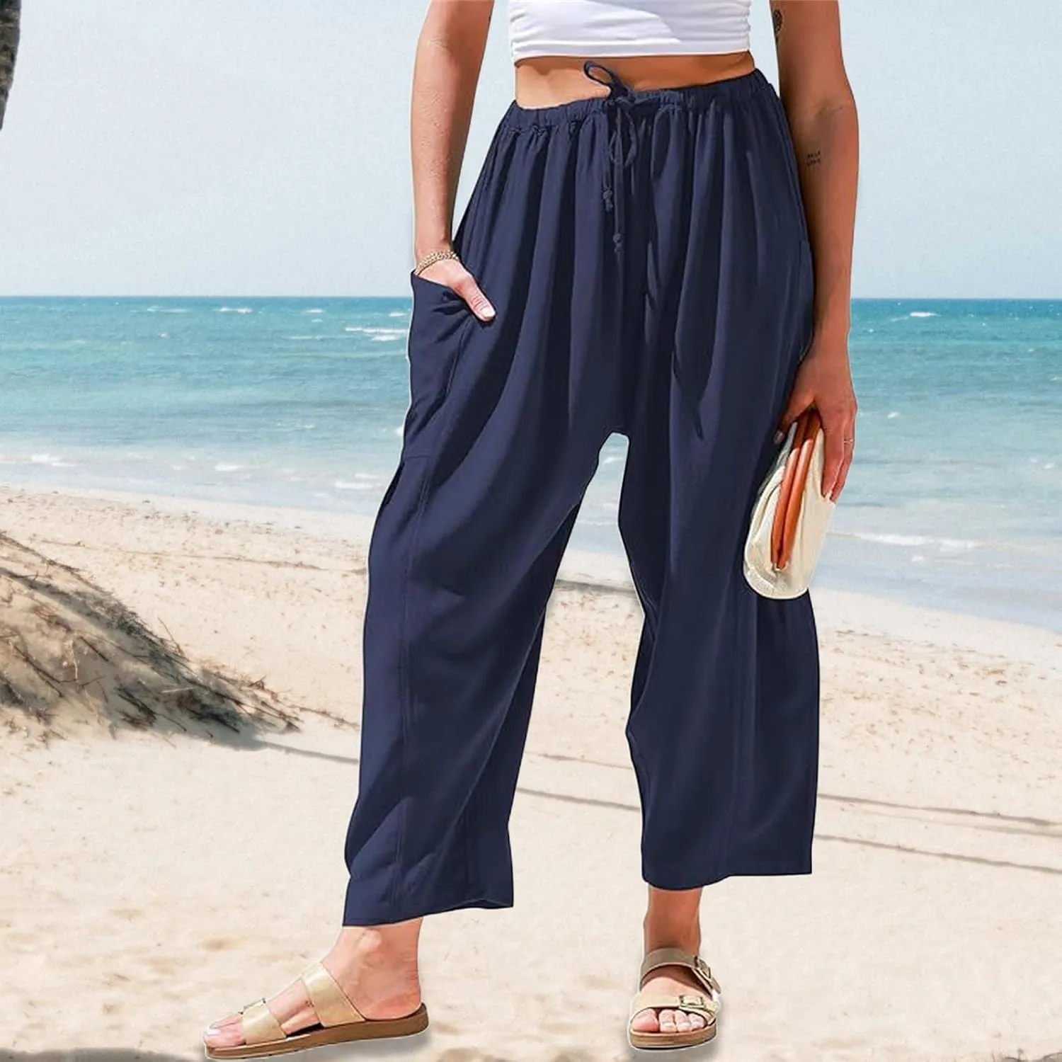 Kubbon Womens Linen Wide Leg Pants Casual Loose Drawstring Palazzo Pants Casual Wide Leg Elastic Waist Trousers Beach Pants