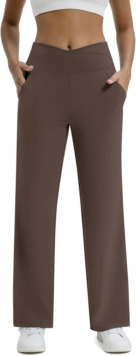 Kubbon Women's Wide Leg Yoga Pants Crossover Baggy High Waist Stretch Dress Sweatpants Casual Lounge Pants with Pockets