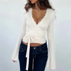 Lace Trim Cross Tie Ballet Wrap Top