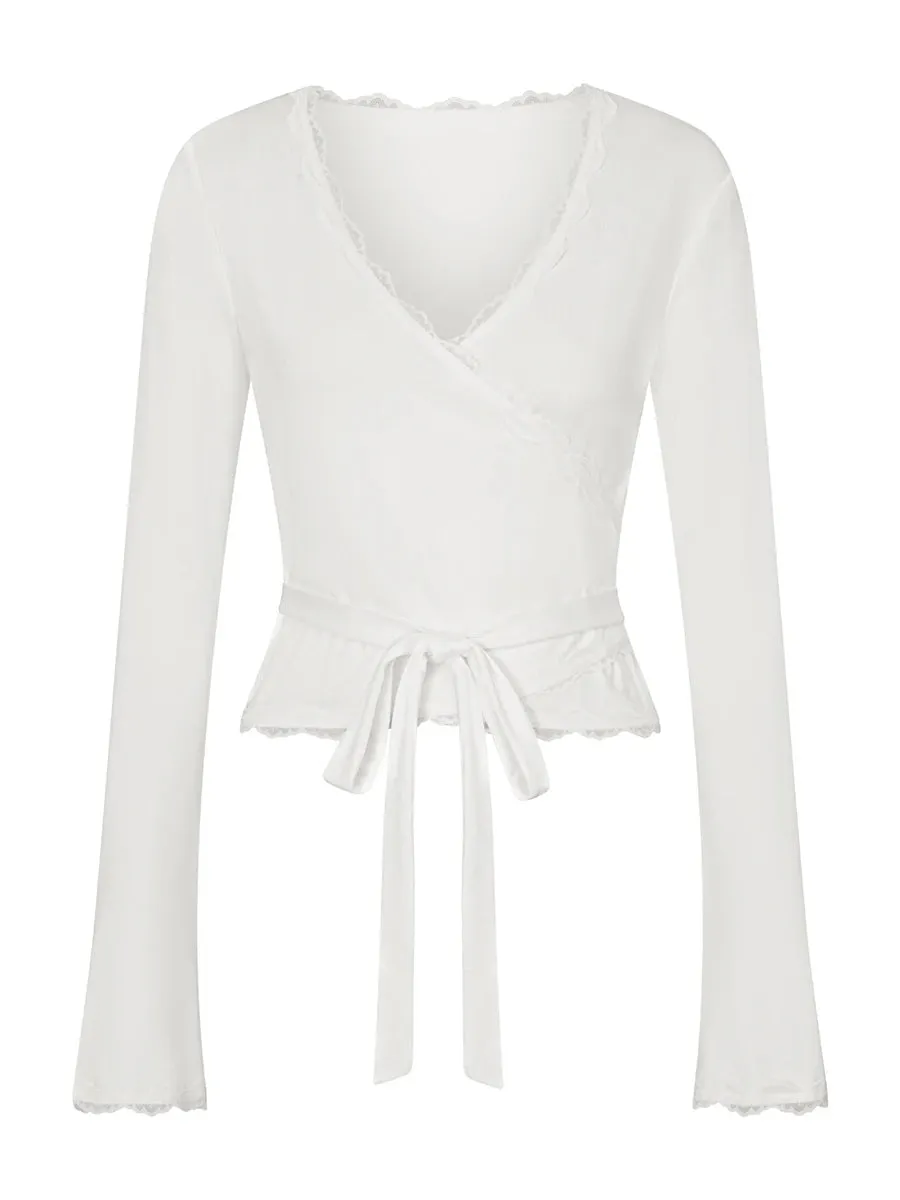 Lace Trim Cross Tie Ballet Wrap Top