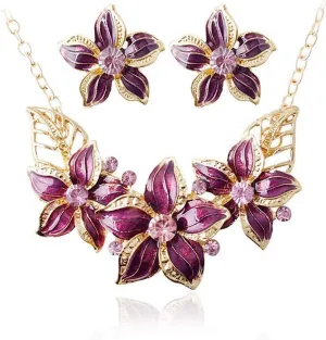 Ladies Flower Shape Shiny Crystal Necklace And Earring Elegant Feminine Set Of Necklace Earring Fashion