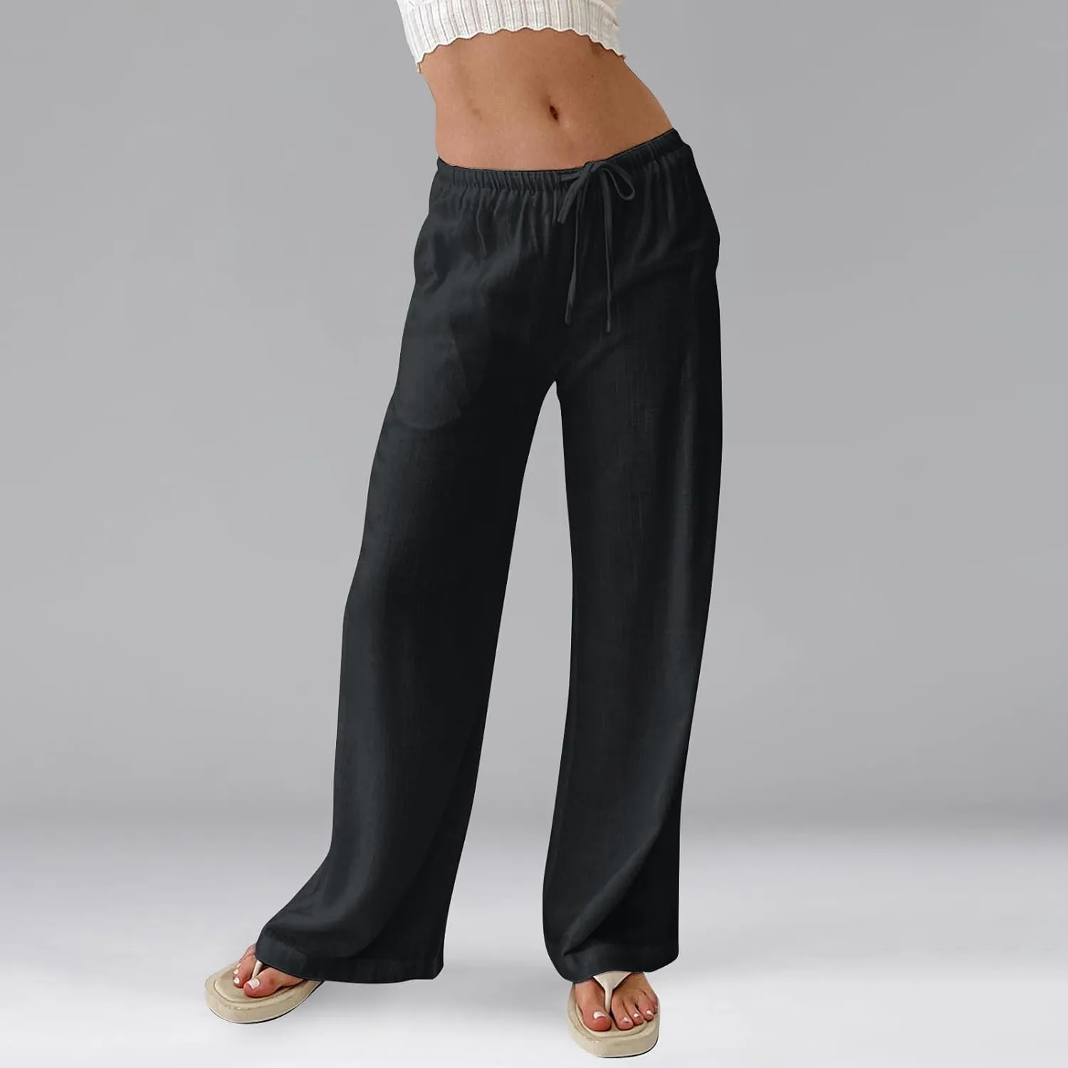 Ladies Linen Pants Summer Wide Leg Pants Drawstring Elastic High Waist Trousers Loose Petite Palazzo Pant with Pocket