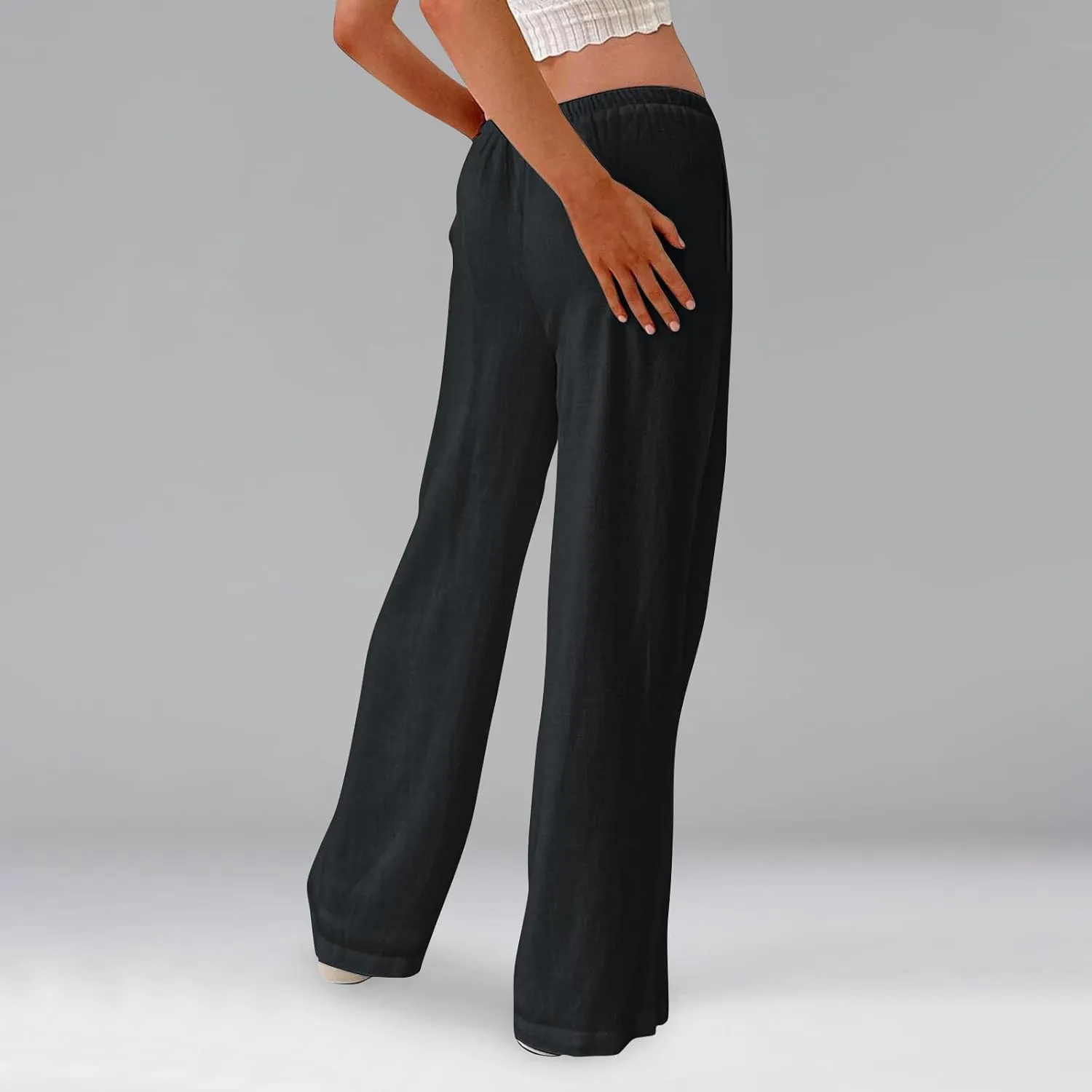 Ladies Linen Pants Summer Wide Leg Pants Drawstring Elastic High Waist Trousers Loose Petite Palazzo Pant with Pocket