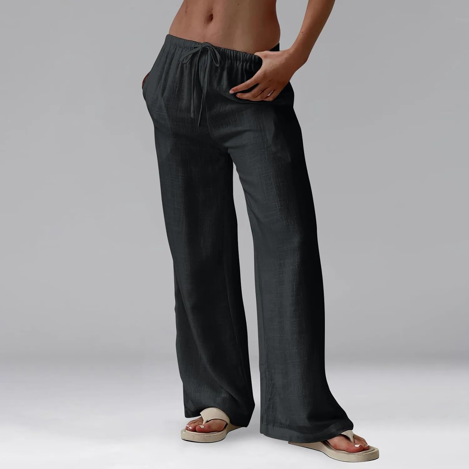 Ladies Linen Pants Summer Wide Leg Pants Drawstring Elastic High Waist Trousers Loose Petite Palazzo Pant with Pocket