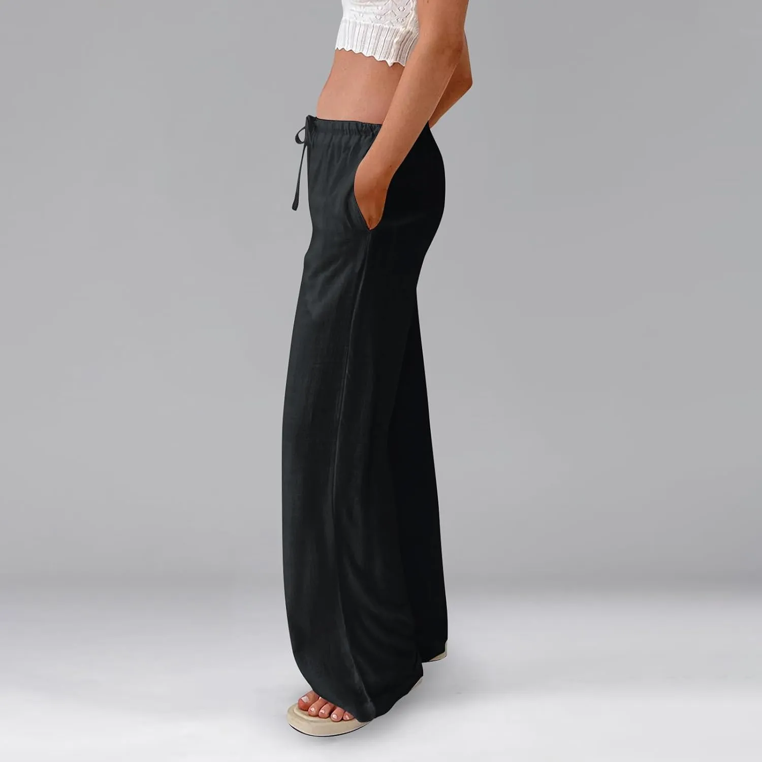 Ladies Linen Pants Summer Wide Leg Pants Drawstring Elastic High Waist Trousers Loose Petite Palazzo Pant with Pocket