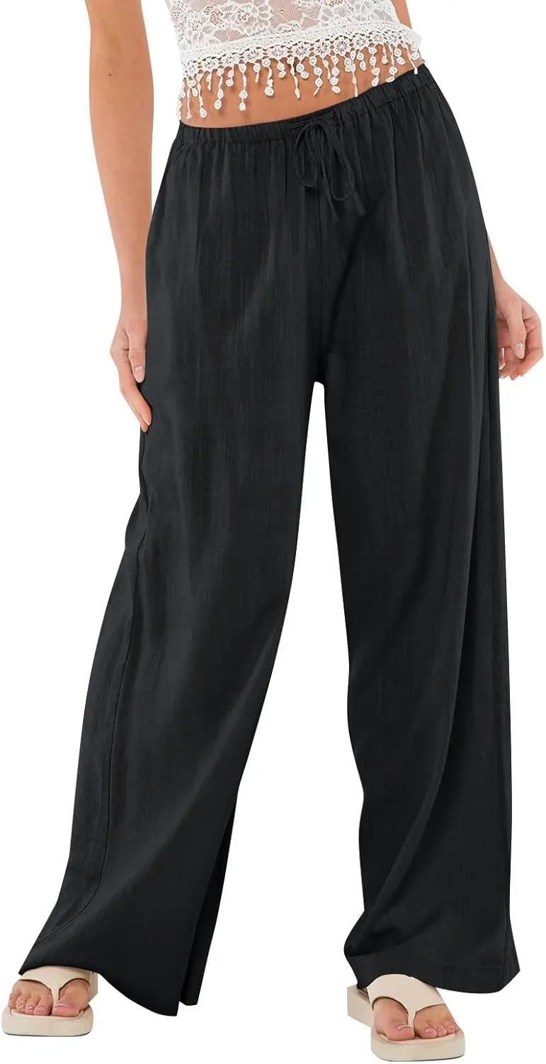 Ladies Linen Pants Summer Wide Leg Pants Drawstring Elastic High Waist Trousers Loose Petite Palazzo Pant with Pocket
